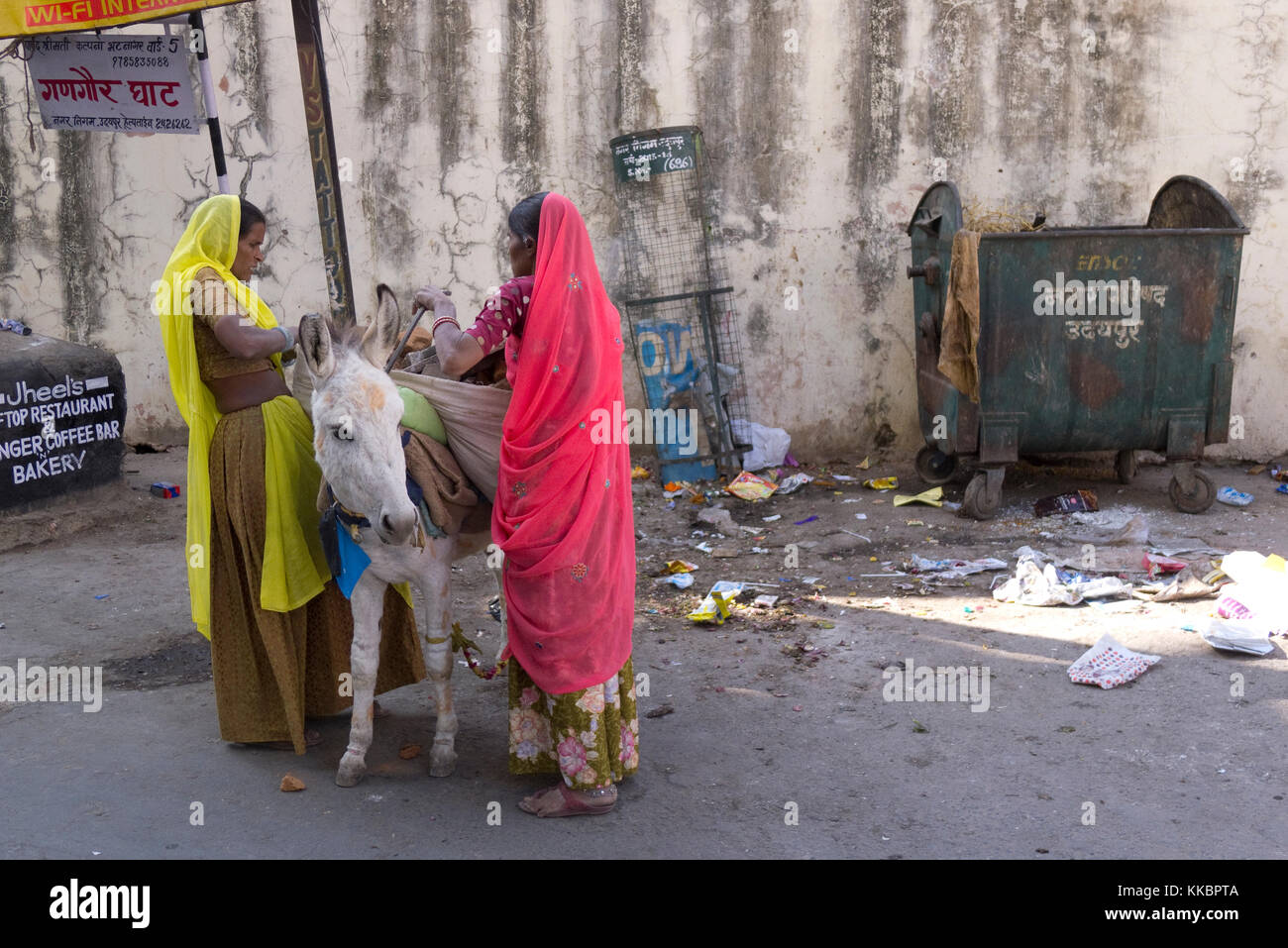 Women load panniers with building rubble onto a donkey in Udaipur, Rajasthan, India Stock Photo