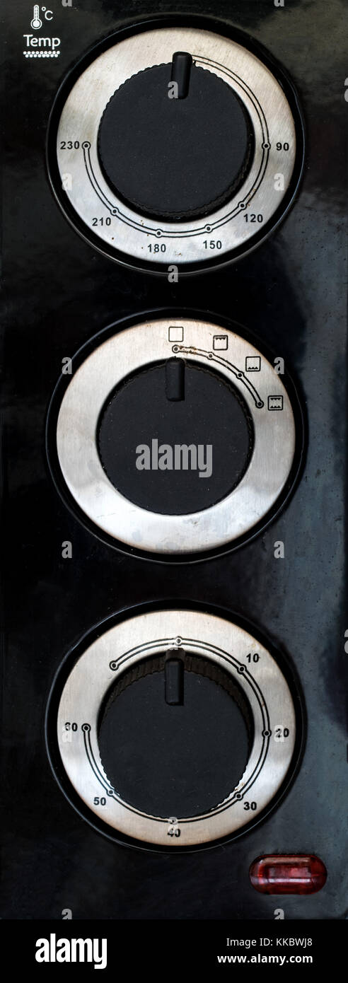 Oven Thermostat temperature dial in Celcius. closeup macro, black. Stock Photo