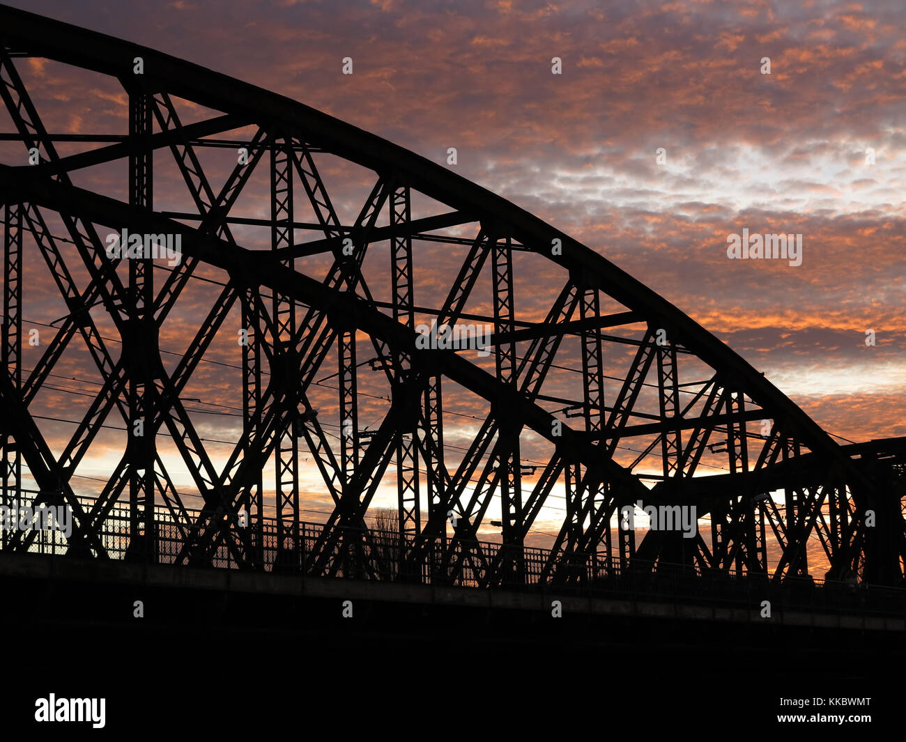 Railway bridge in sunset, Prague Stock Photo
