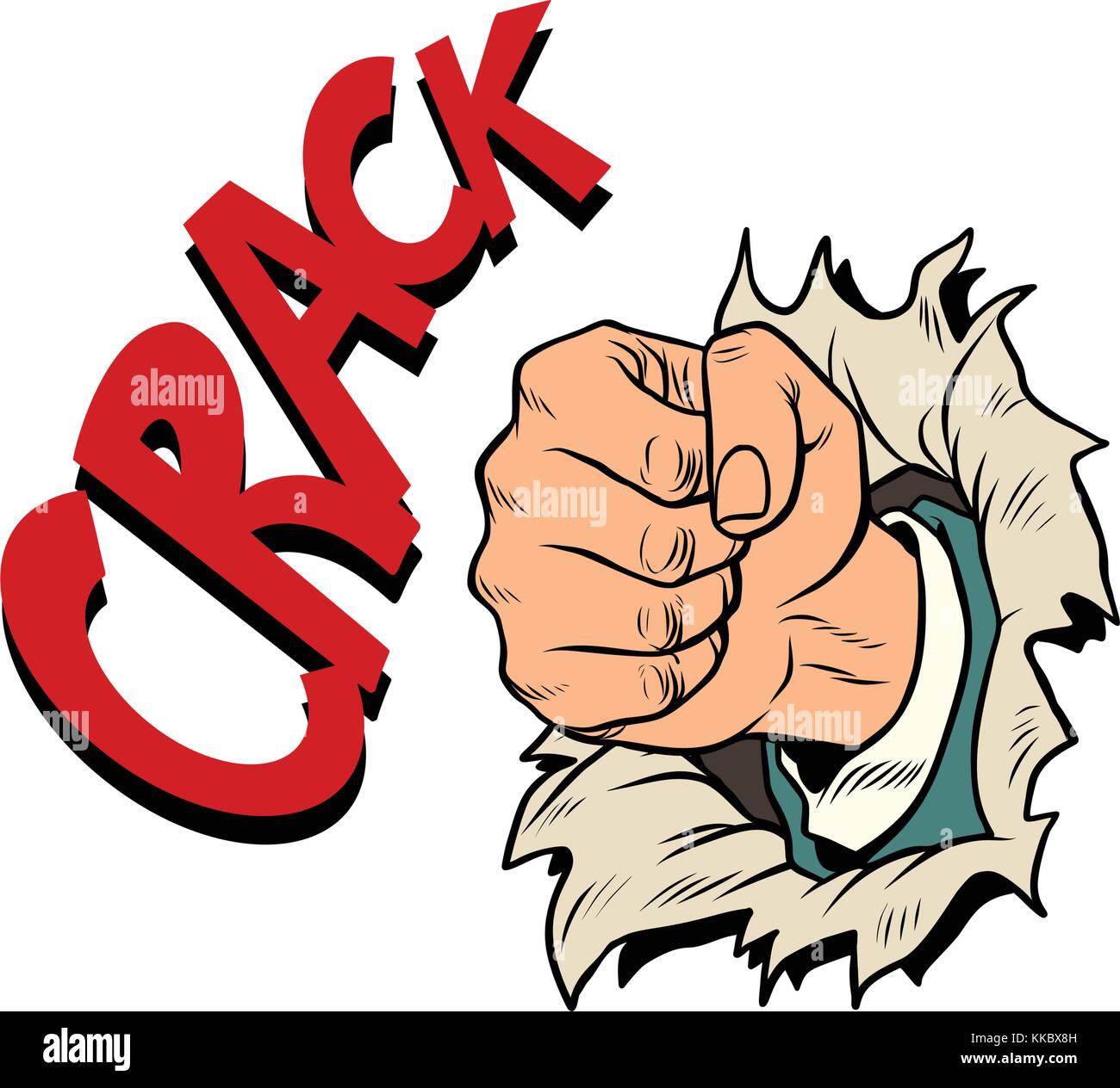 crack, a fist punches the paper. isolated on white background. Pop art