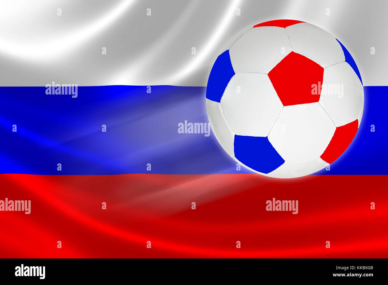 Soccer ball in Russian flag colors flies across the flag of Russia, where soccer is a national passion. Stock Photo