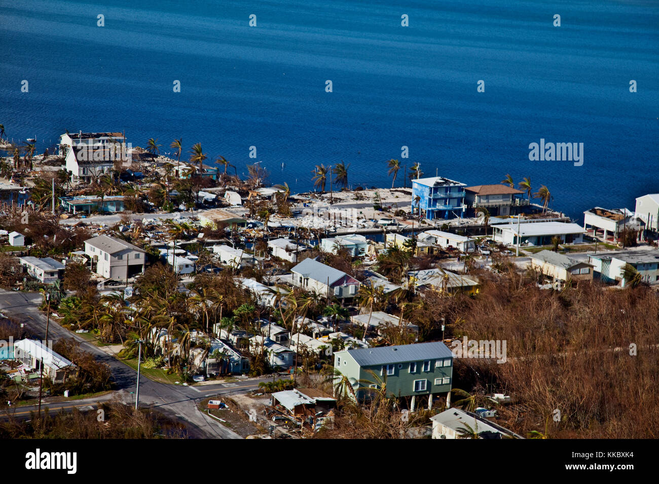 Aerial view of destruction and damaged homes in the aftermath of Hurricane Irma September 13, 2017 in Marathon, Florida.  (photo by Kris Grogan via Planetpix) Stock Photo