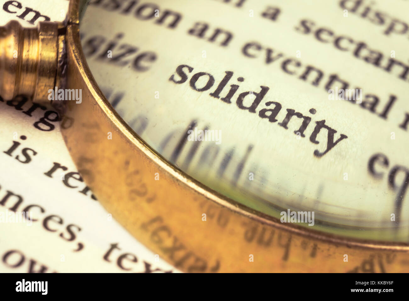 The word 'solidarity' emphasized by a magnifying glass and wrapped with blurry text. Stock Photo