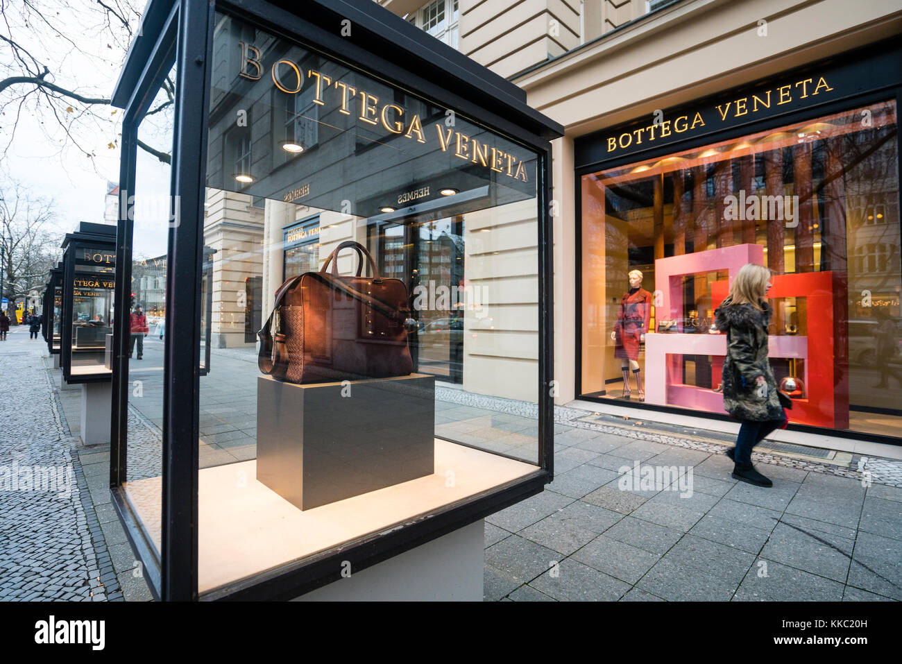 Glass display cabinet for luxury boutique Bottega Veneta  on famous shopping street Kurfurstendamm , Kudamm, in Berlin, Germany. Stock Photo