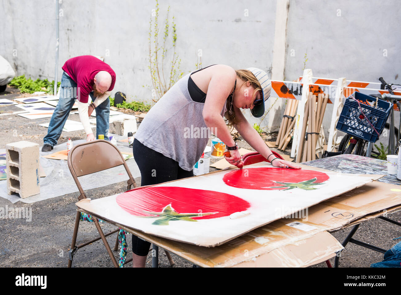 Brooklyn New York, NY, USA - April 23, 2017: Food and Farm Justice groups making signs and banners for The People's Climate March in D.C. Stock Photo