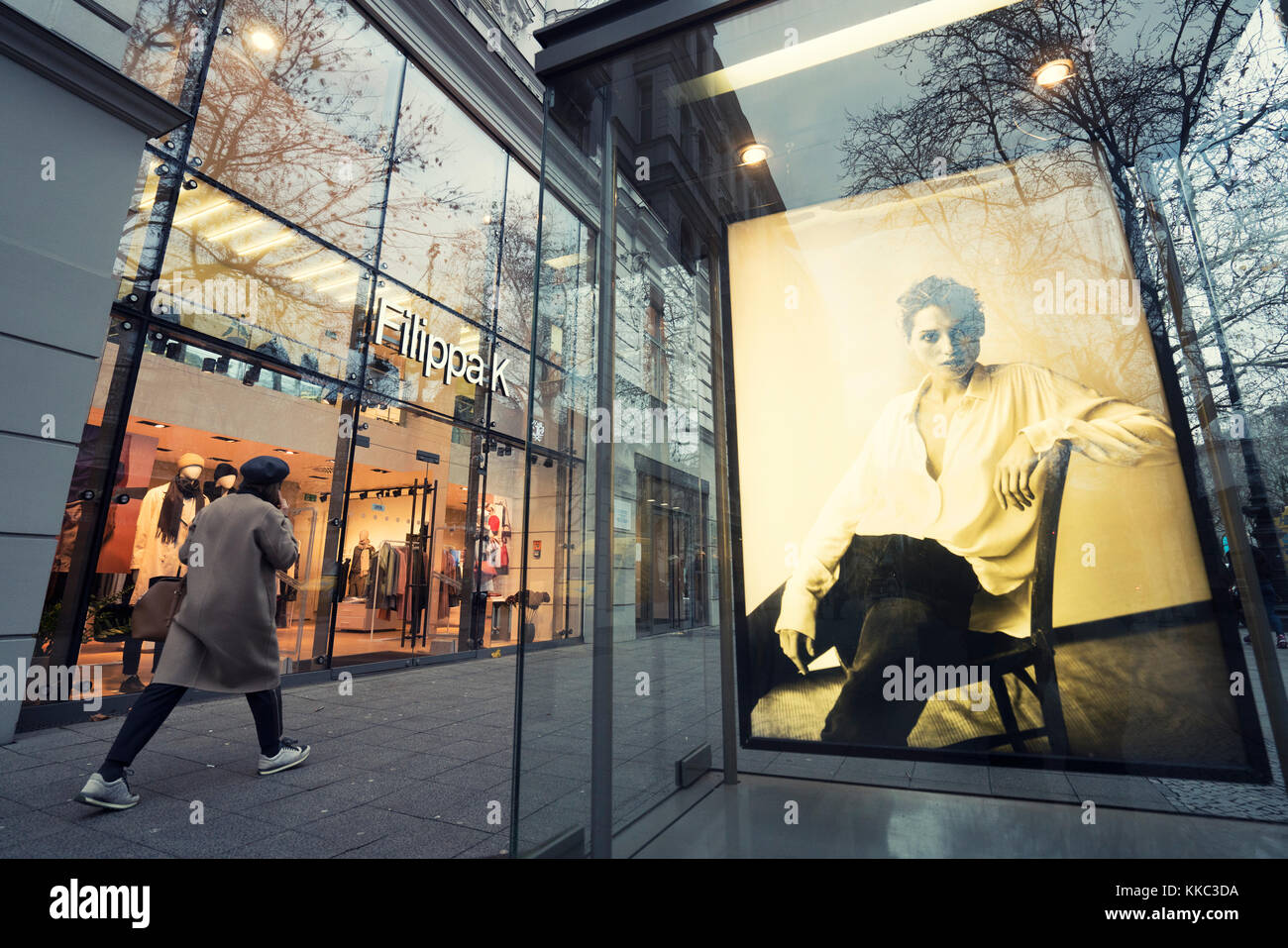 Glass display cabinet for Filippa K boutique  on famous shopping street Kurfurstendamm , Kudamm, in Berlin, Germany. Stock Photo