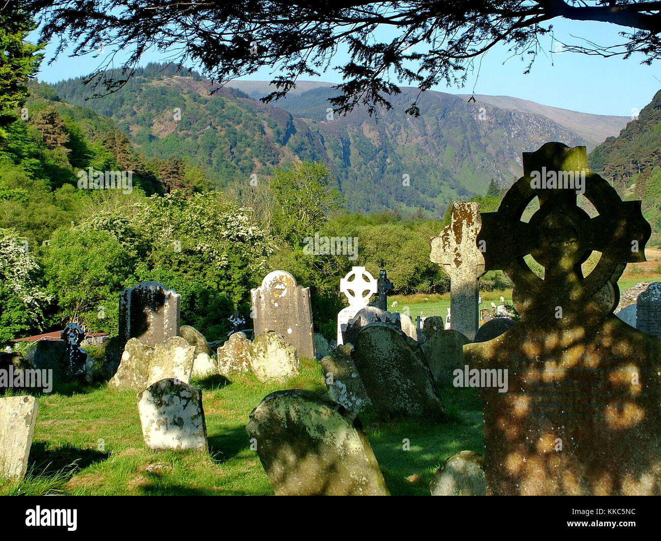 Cemetery at Glendalough Monastic Site in Wicklow Mountains National Park, Ireland. Stock Photo