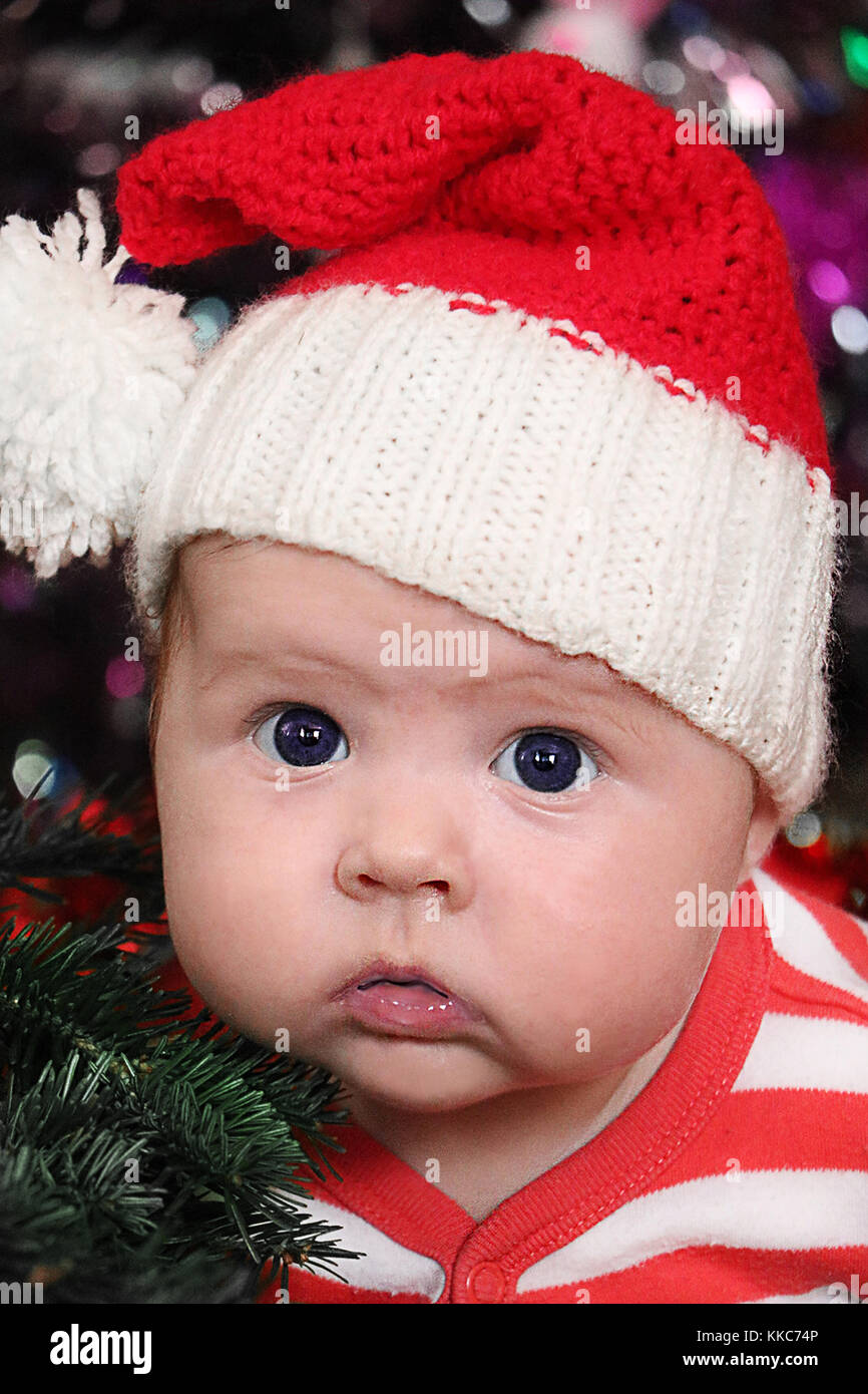 Portrait of astonished newborn baby with beautiful blue eyes  in santa hat and striped jacket on blurred background and christmas tree needles. Stock Photo