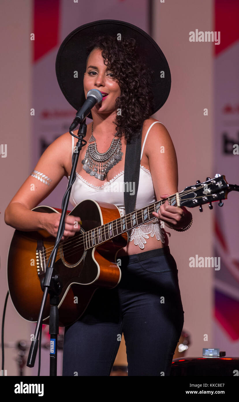 MIAMI, FL - APRIL 27: Raquel Sofia performs at the “BLMA Storytellers: Acoustic Session” held at the Gibson Miami Showroom on April 27th in Miami. This event is the first of several performances leading up to the 2015 Latin Billboard Awards Ceremony on April 27, 2015 in Miami Florida   People:  Raquel Sofia Stock Photo