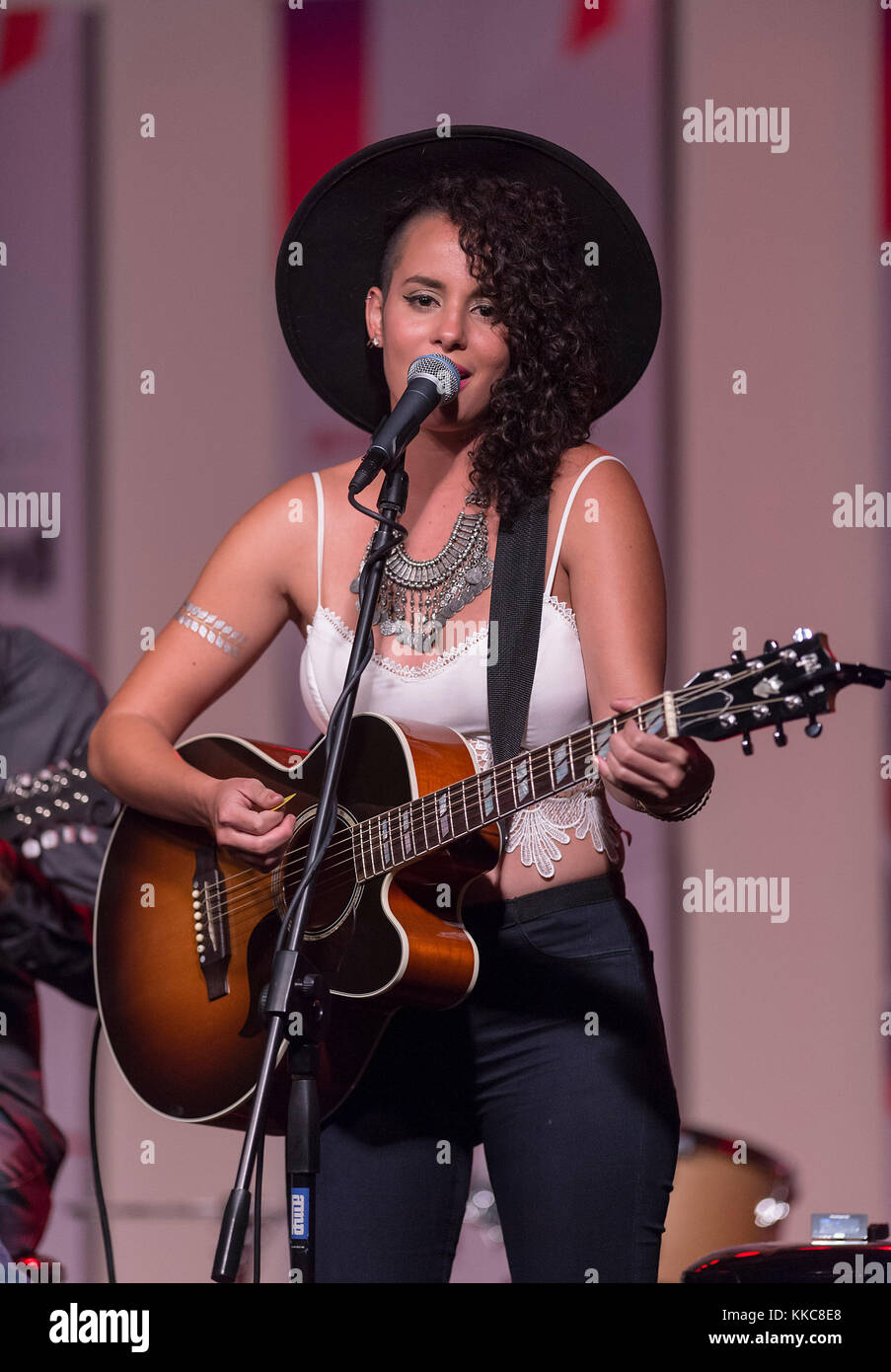 MIAMI, FL - APRIL 27: Raquel Sofia performs at the “BLMA Storytellers: Acoustic Session” held at the Gibson Miami Showroom on April 27th in Miami. This event is the first of several performances leading up to the 2015 Latin Billboard Awards Ceremony on April 27, 2015 in Miami Florida   People:  Raquel Sofia Stock Photo