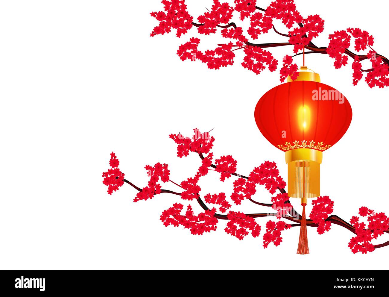 Chinese New Year. Two branches of a blooming red cherry. hanging red Chinese lantern. Round form. illustration Stock Vector