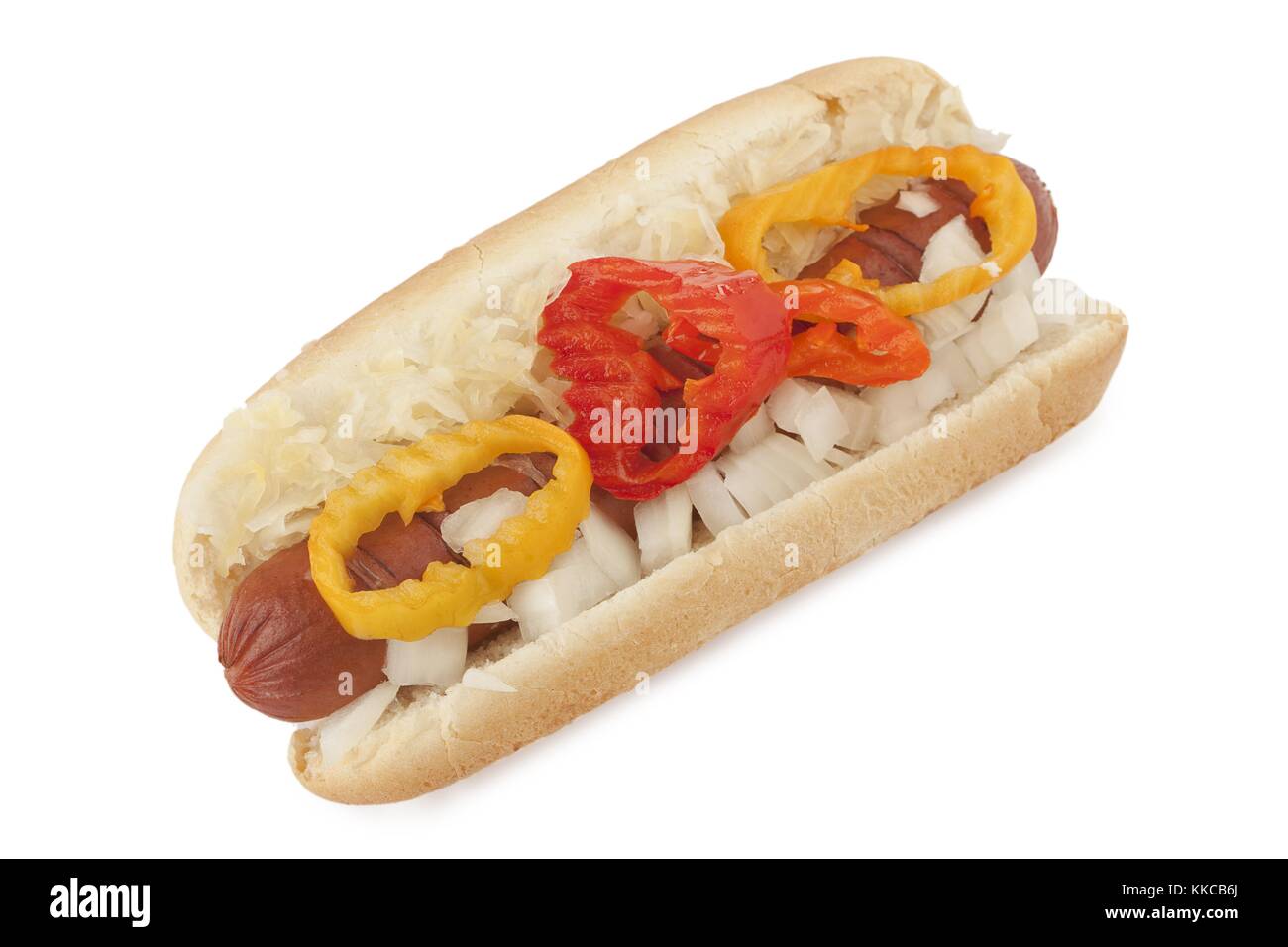 sausage sandwich with toppings Stock Photo Alamy