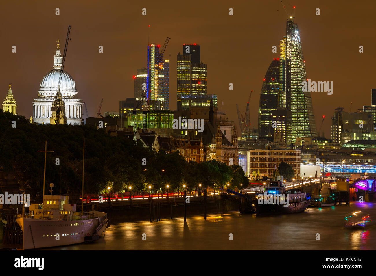 London night skyline viewed over the river Thames. England, UK Stock ...