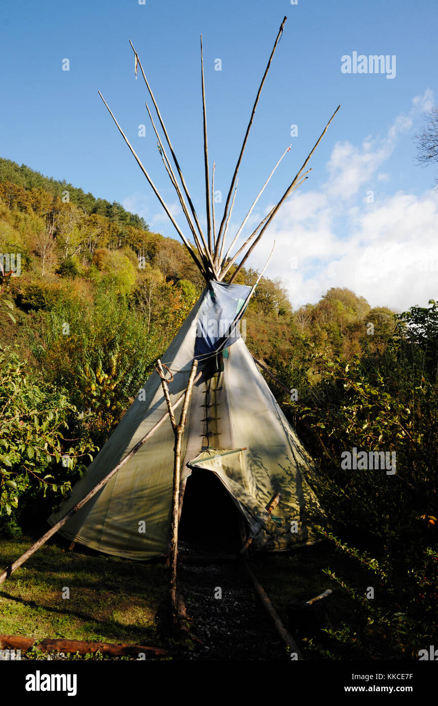 Tipi in Autumn woodland, Wales. Stock Photo