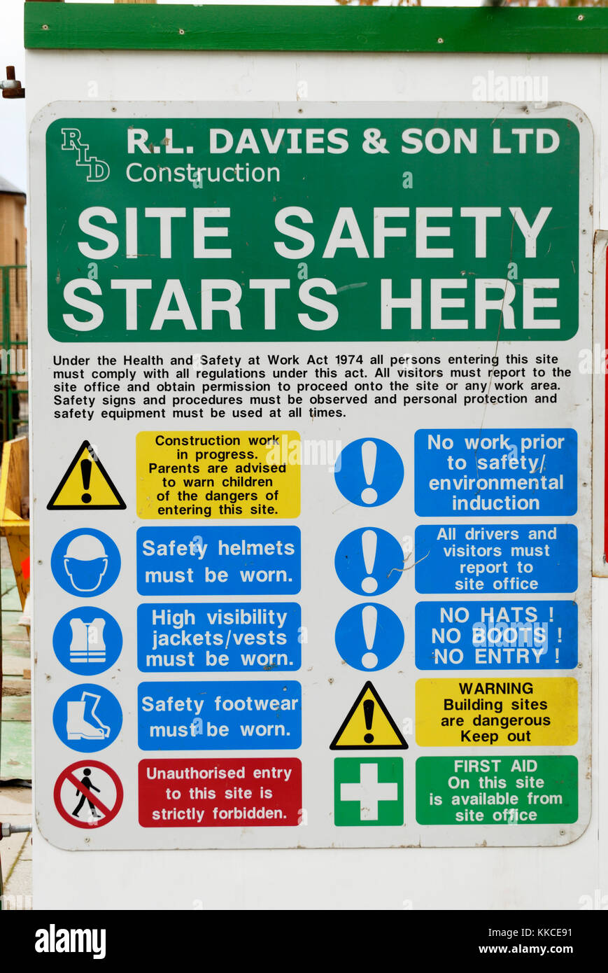 Site Safety signs at the entrance to a construction site, Wales. Stock Photo
