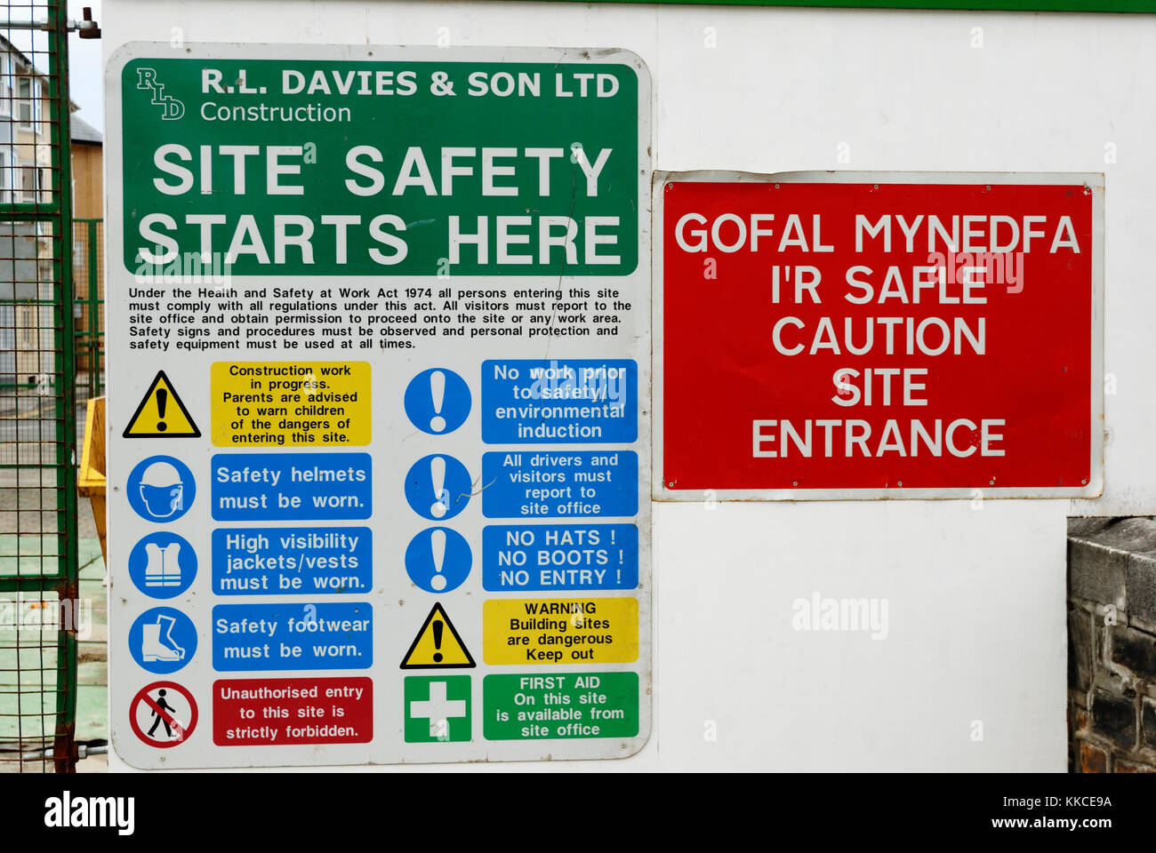 Site Safety signs at the entrance to a construction site, Wales. Stock Photo