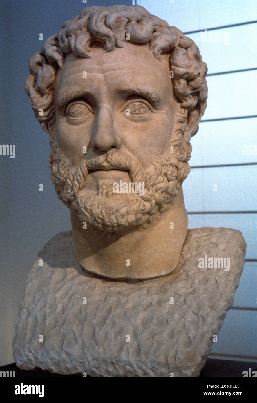 Antoninus Pius (86-161 AD). 15th emperor of Roman Empire. Nerva-Antonine Dynasty. Colossal head portrait. 2nd century. National Archaeological Museum. Naples. Italy. Stock Photo