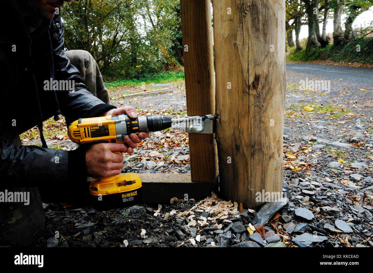 Man drilling holes for gate hinges in a timber post, with a cordless electric drill, Wales Stock Photo