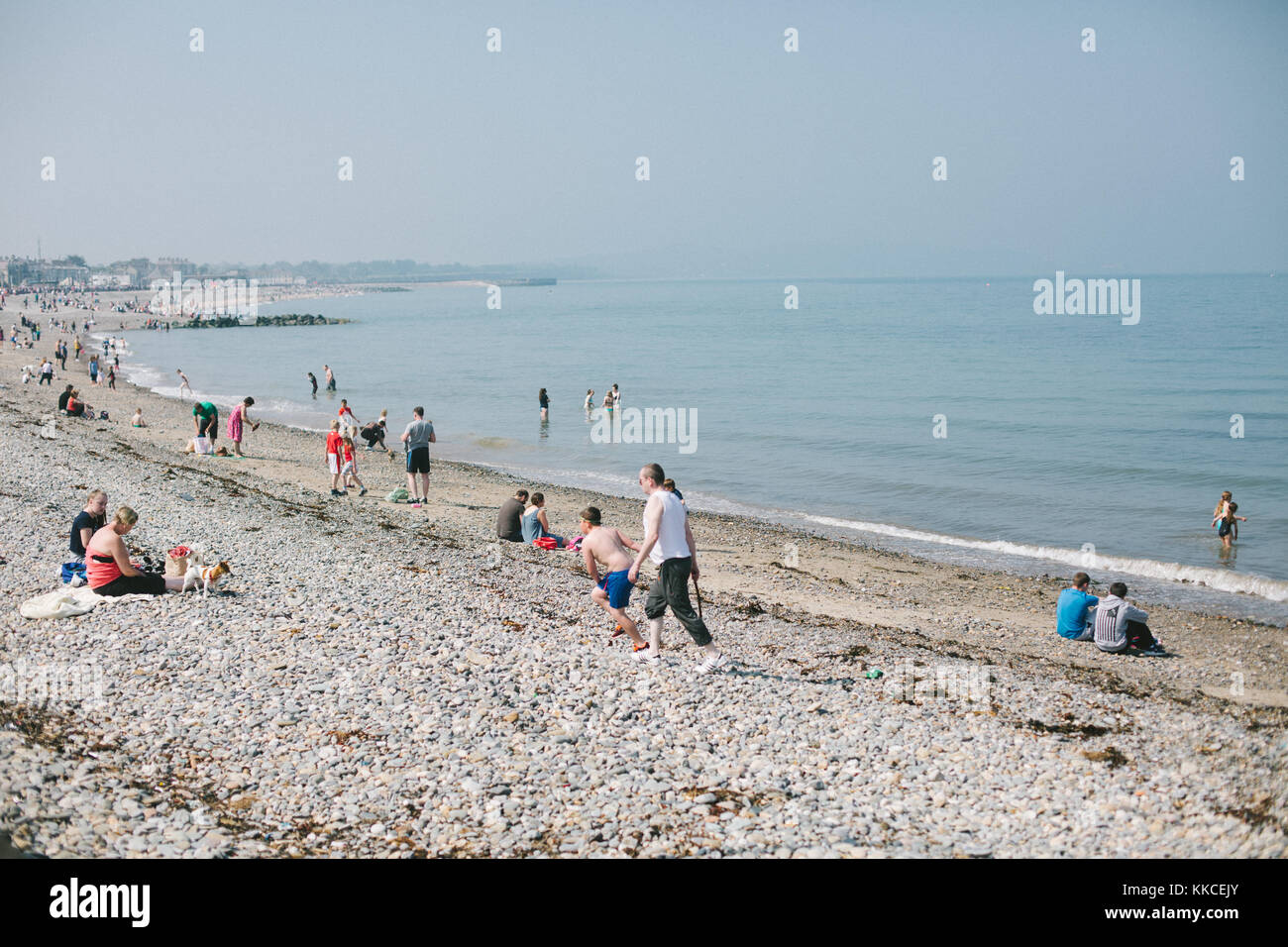 People on the stony beach in Bray enjoying sunny May day realxing , walking and having fun in the water. Stock Photo