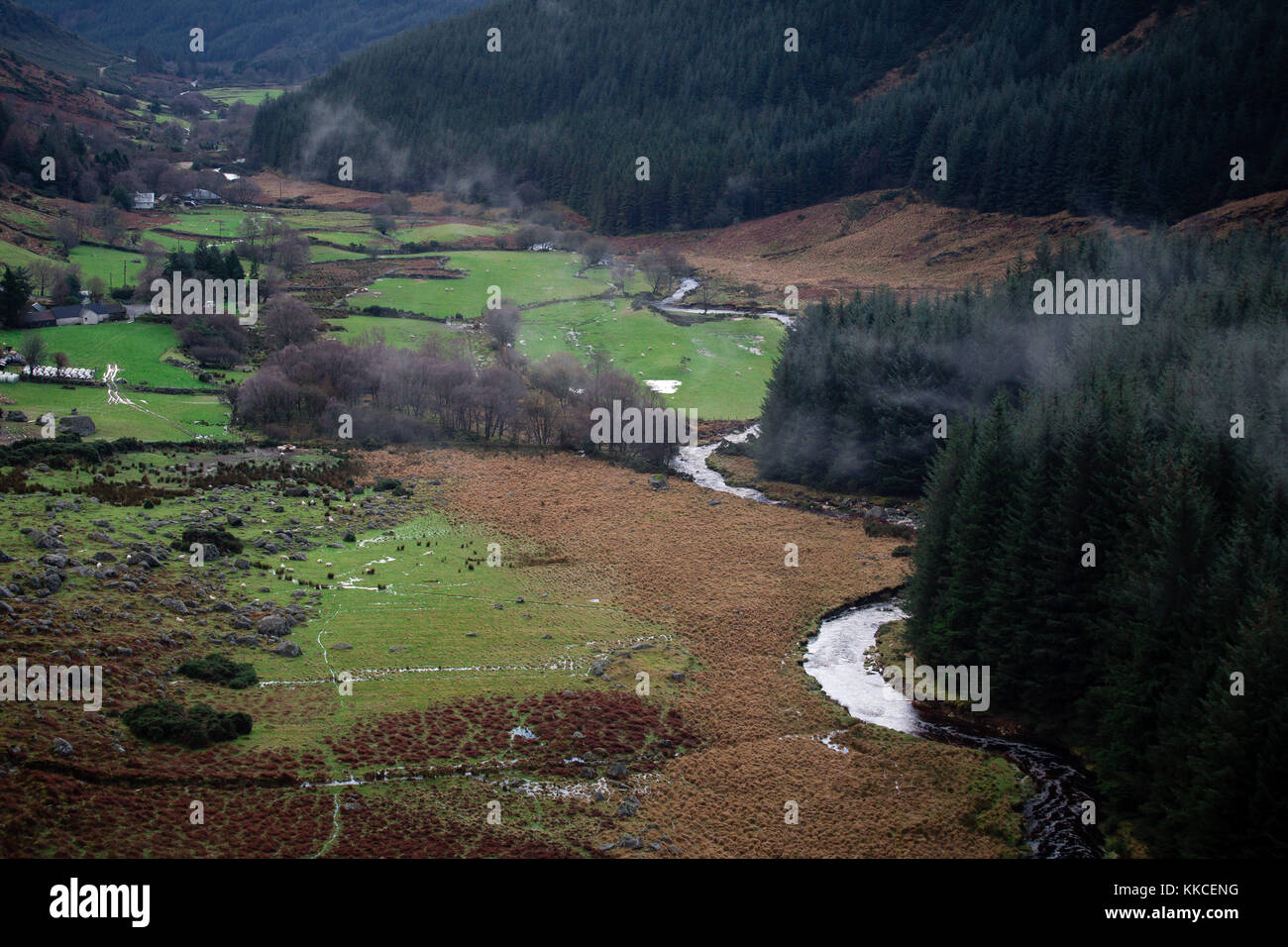Landscape view on a valley below The Glenmacnass Waterfall near Laragh and Glendalough in County Wicklow, Ireland Stock Photo