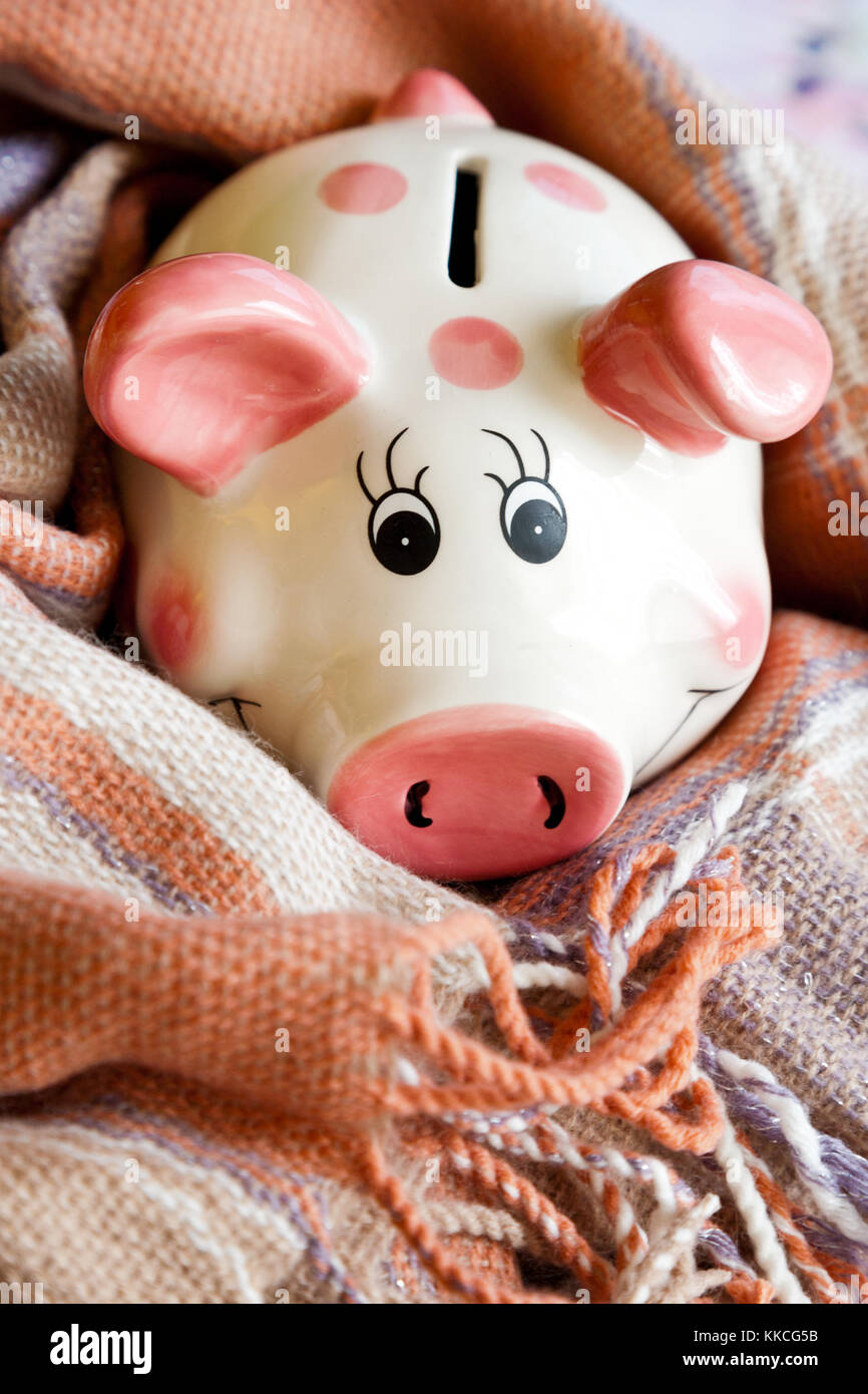 economy and finance - piggi bank in a warm scarf - heating expenses for household Stock Photo