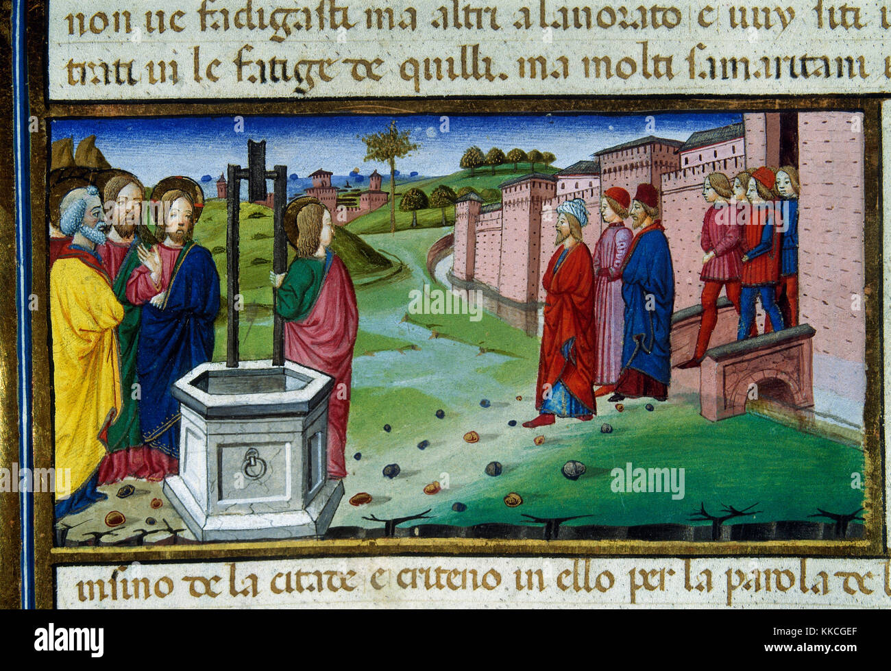 Cristofor de Predis (1440-1486). Italian miniaturist. Jesus converses with the Samaritans. Codex De Predis. (1476). Royal Library. Turin. Italy. Stock Photo