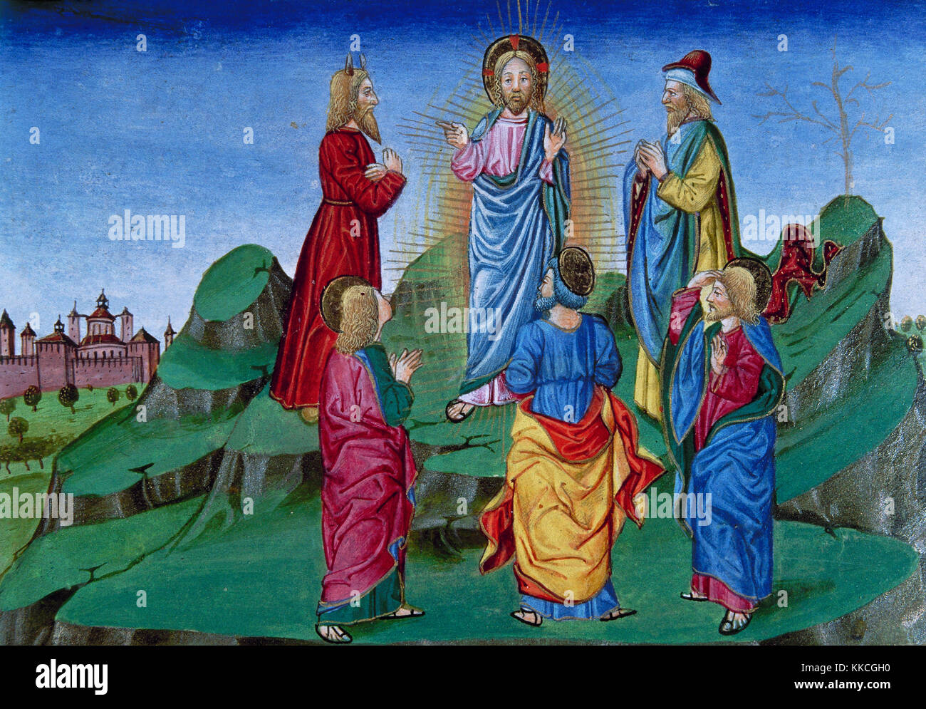 Cristofor de Predis (1440-1486). Italian miniaturist. Jesus goes to the Mountain with Peter, James and John. He is transfigured with Moses and  Elijah. Codex De Predis. (1476). Royal Library. Turin. Italy. Stock Photo