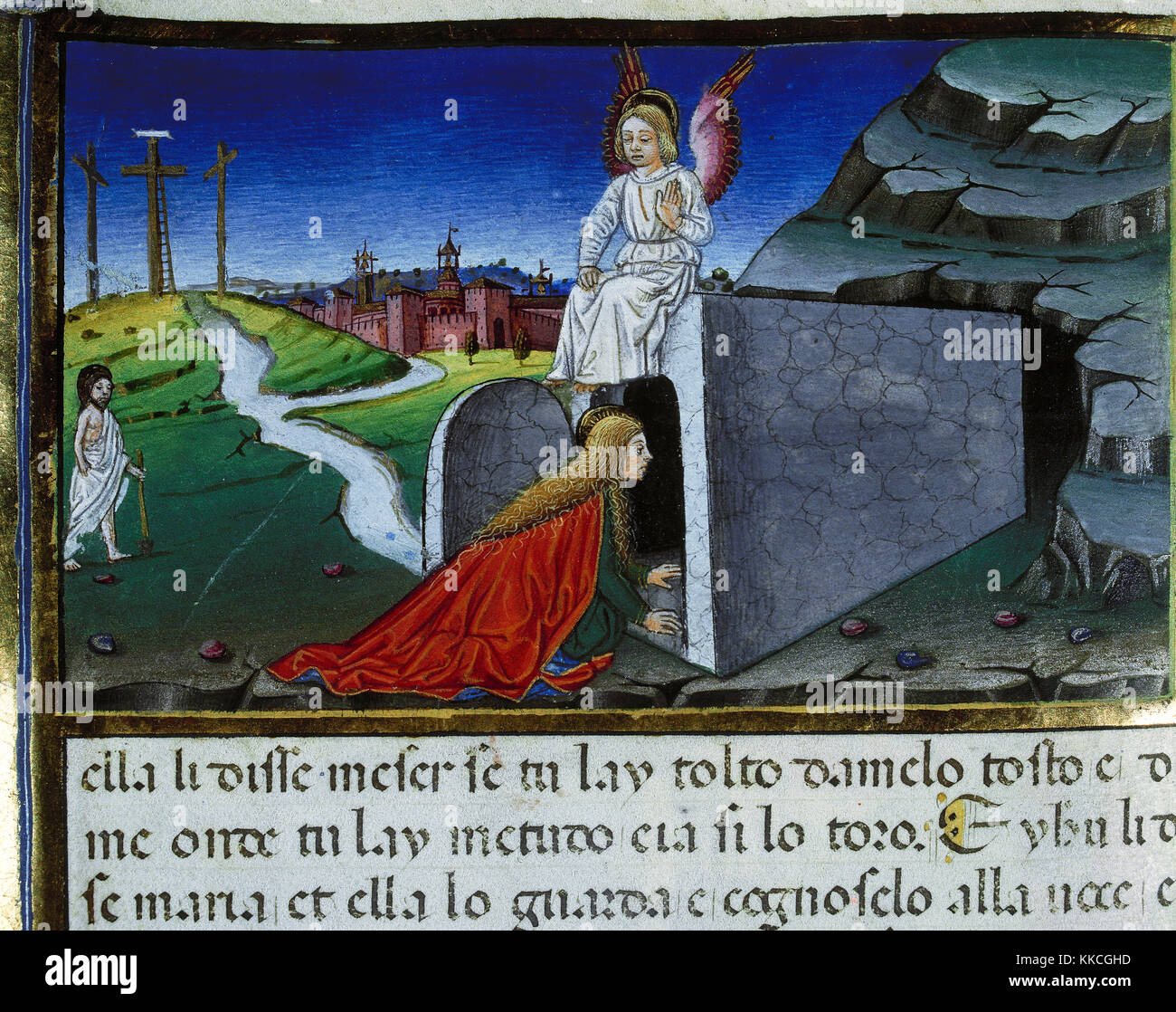 Cristofor de Predis (1440-1486). Italian miniaturist. Mary Magdalene  finds the grave without the body of Jesus. Codex De Predis. (1476). Royal Library. Turin. Italy. Stock Photo