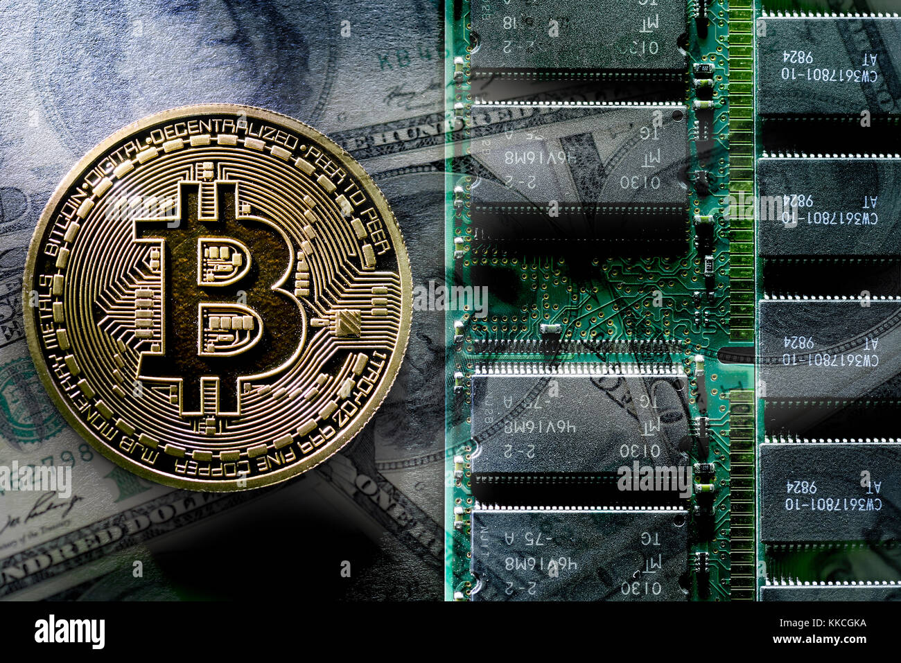 Bitcoin coin and dollar notes, virtual currency Stock Photo