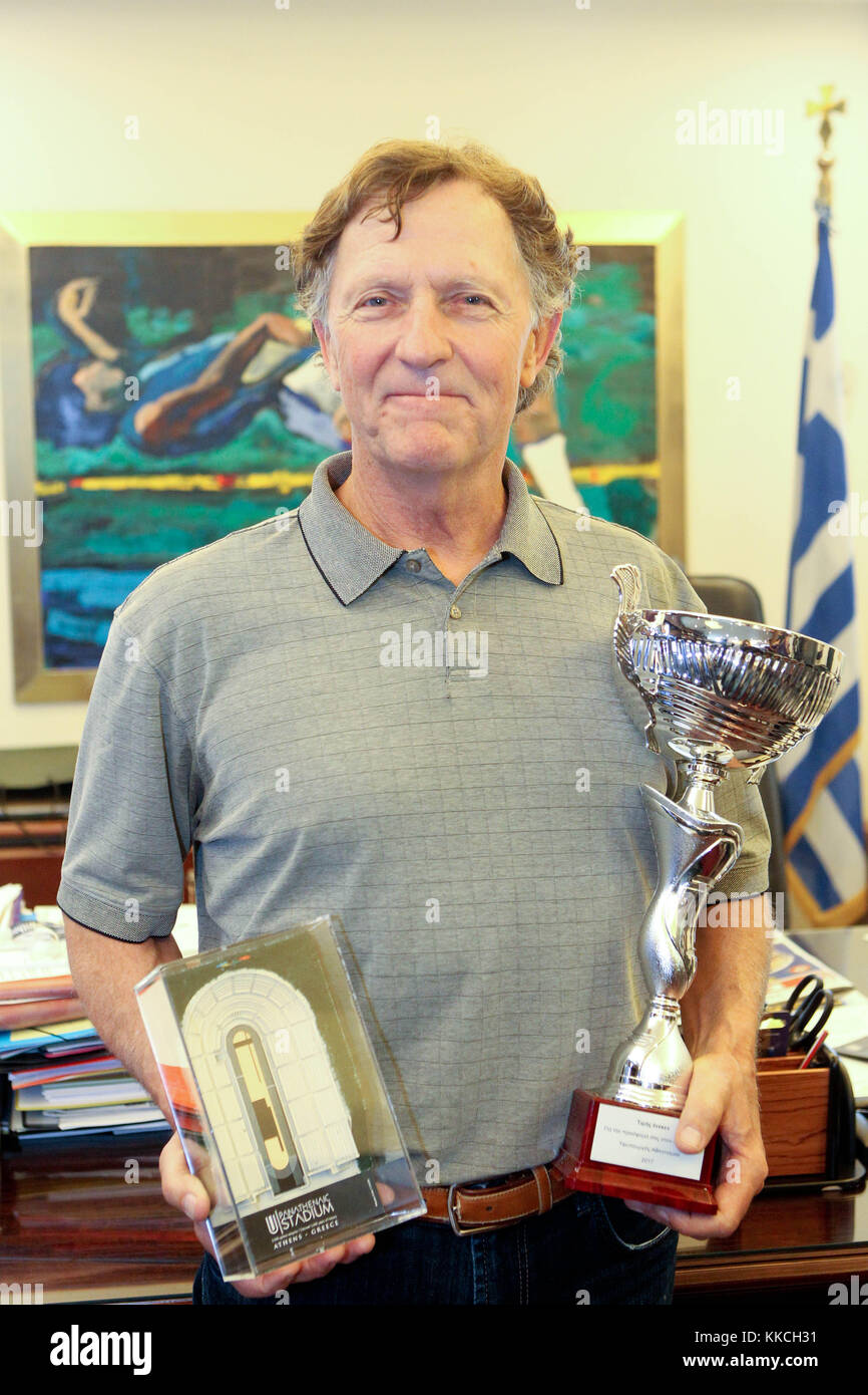 Canadian sailor LAWRENCE LEMIEUX awarded from the Greek Minister of Sports GEORGIOS VASILEIADIS. Lawrence Lemieux who competed at the 1984 Summer Olym Stock Photo