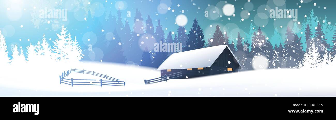 Winter Landscape With House In Snowy Forest Horizontal Banner Stock Vector