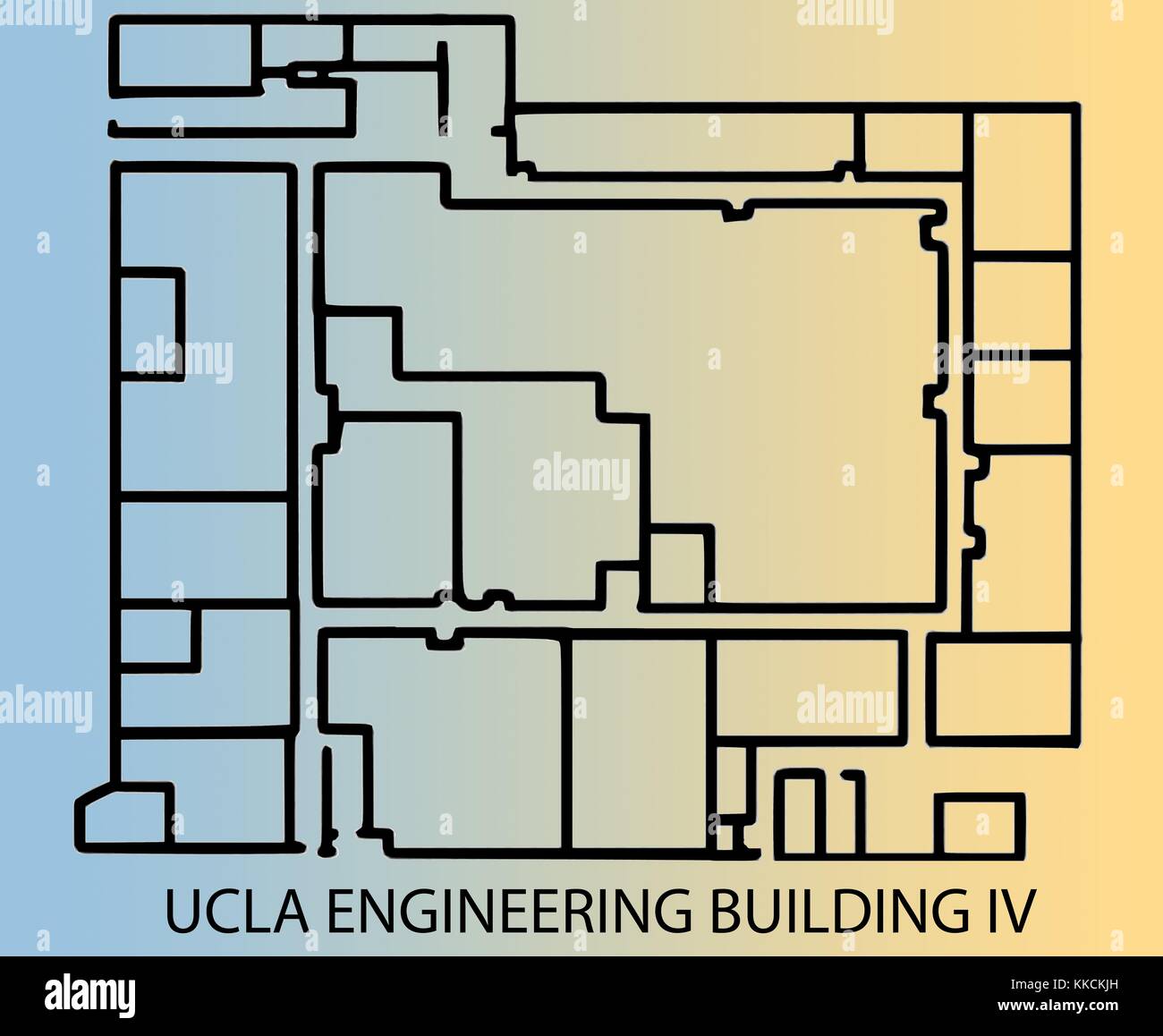 Floorplan for Engineering Building IV on the campus of the University of California Los Angeles (UCLA), site of alleged shooting of Professor William Klug by student Mainak Sarkar. Derived from a historical image; position of features and scale not exact. 2016. Stock Photo