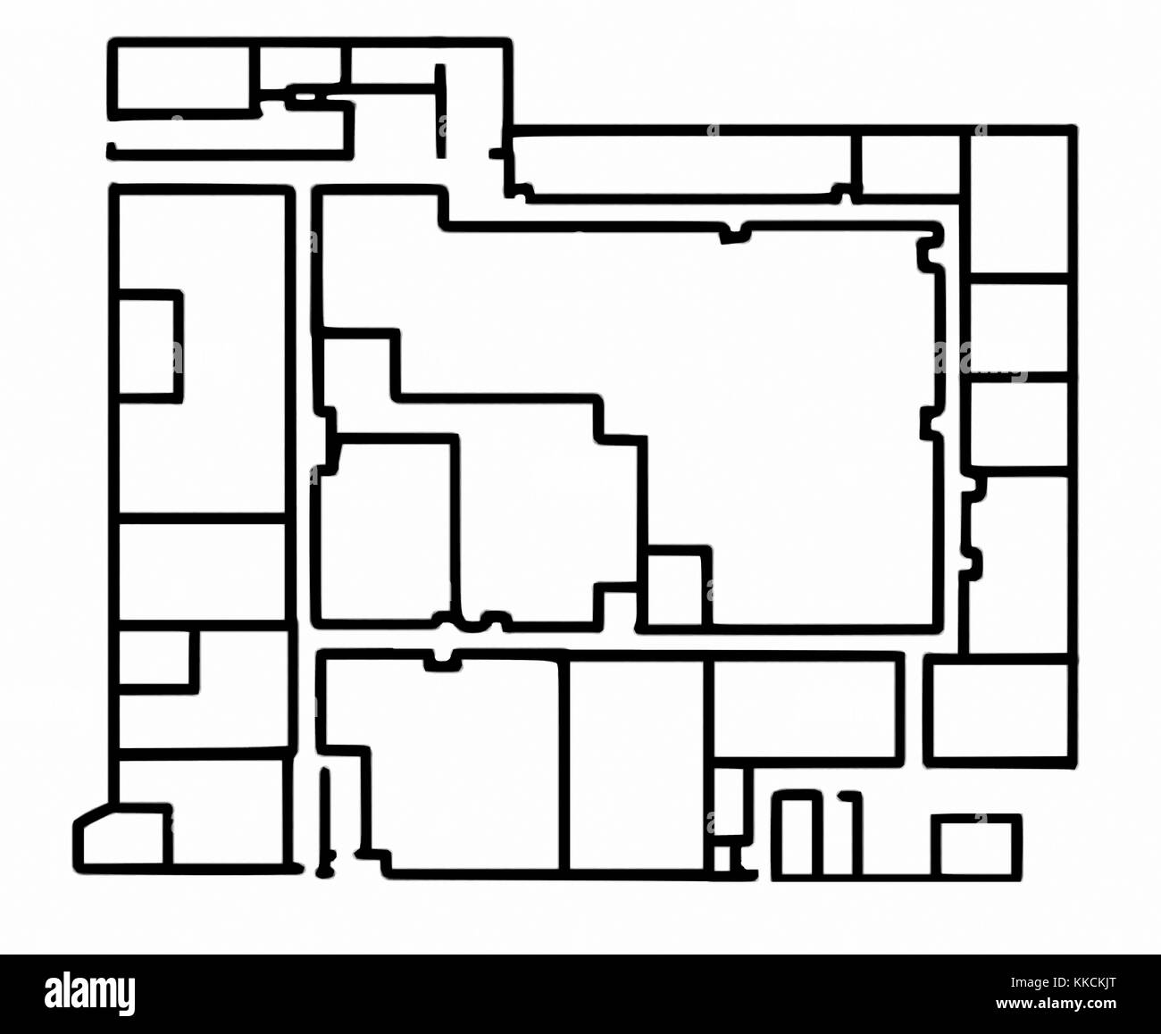Floorplan for Engineering Building IV on the campus of the University of California Los Angeles (UCLA), site of alleged shooting of Professor William Klug by student Mainak Sarkar. Derived from a historical image; position of features and scale not exact. 2016. Stock Photo