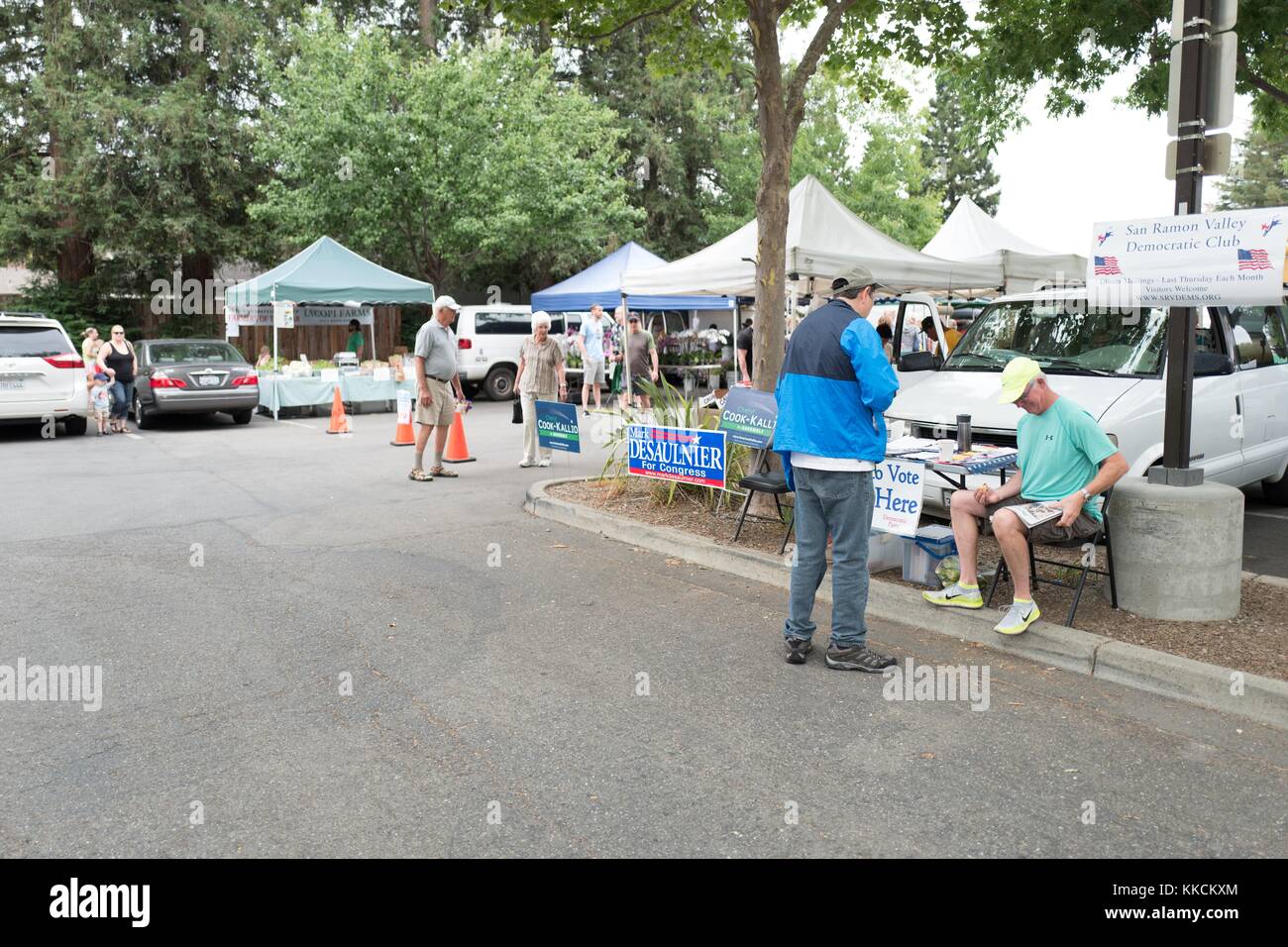 At a weekly farmers' market in the San Francisco Bay Area, a volunteer hands out information on local Democratic political candidates to passersby, Danville, California, June 5, 2016. Stock Photo