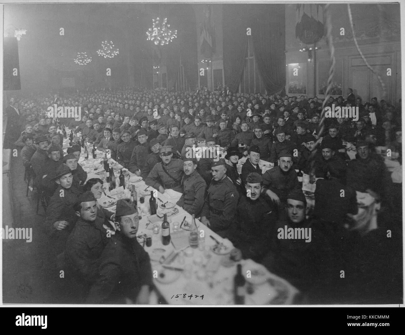 The 'First Passover Sedar Dinner' given by Jewish Welfare Board to men of Jewish Faith in the American Expeditionary Forces in order that they may observe the Passover Holidays, Paris, France, 1919. Stock Photo