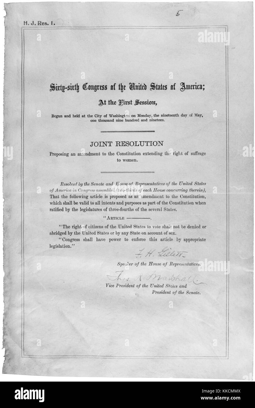 Original paper from congressional session ratifying the Nineteenth Amendment to the United States Constitution, granting women the right to vote. Image courtesy National Archives. 1919. Stock Photo
