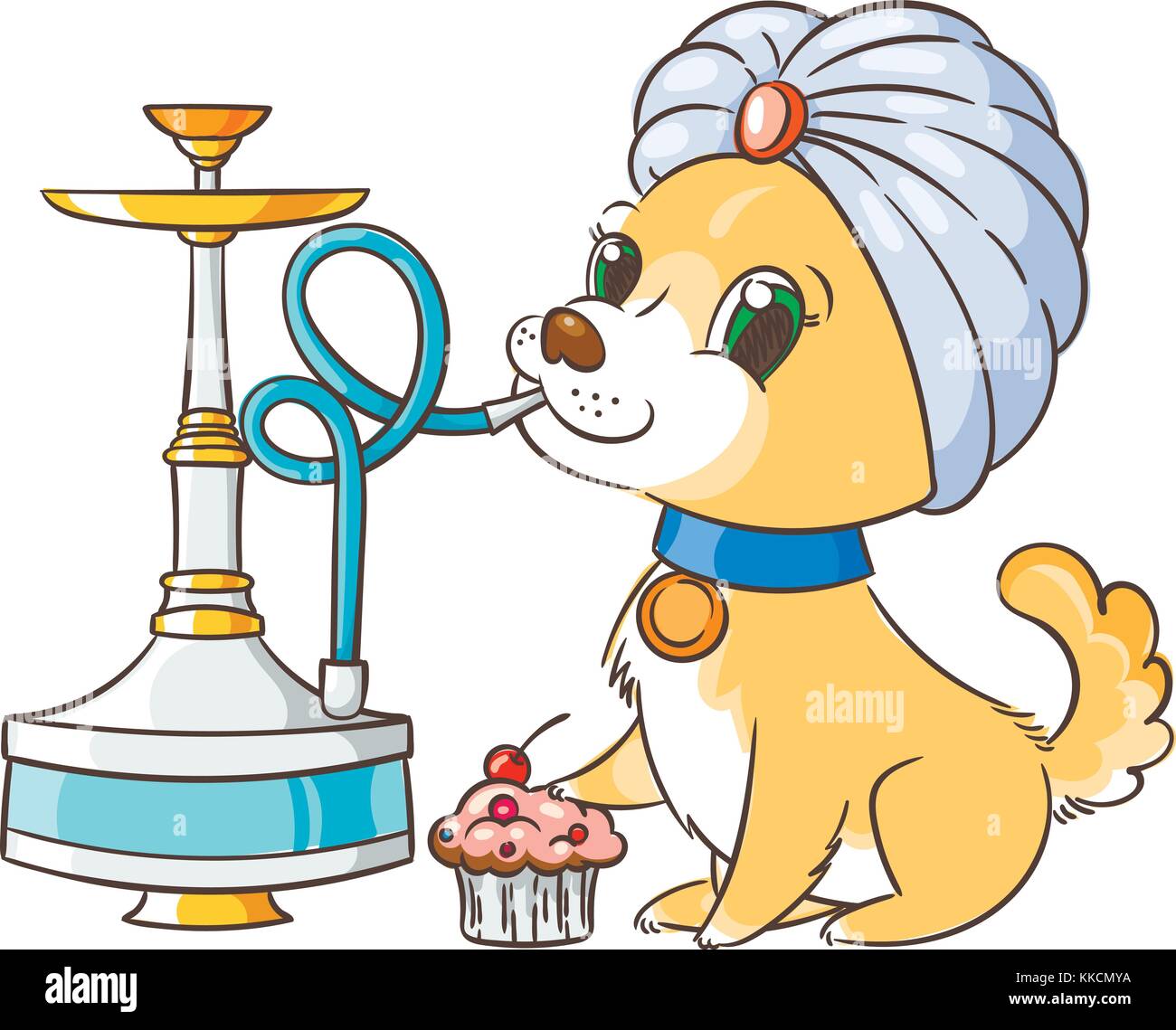 Happy golden cartoon puppy smoking hookah in turban. Cute little dog  wearing collar. Vector illustration Stock Vector Image & Art - Alamy
