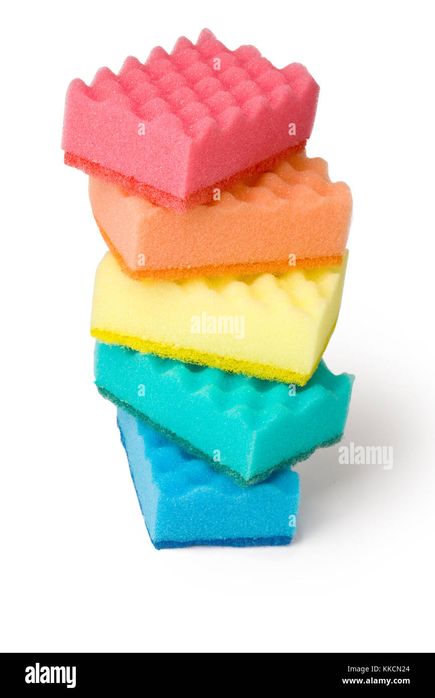 Stack of cleaning sponges on a white background Stock Photo - Alamy