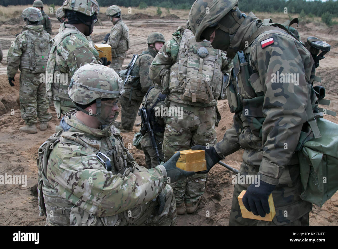 Troops assigned to the Polish Army's 2nd Engineer Battalion, 5th Engineer Regiment and the U.S. Army's 82nd Brigade Engineer Battalion, 2nd Armored Brigade Combat Team, 1st Infantry Division train together at the Drawsko Pomorskie Training Area during a 13-day training event called Bull Eagle near Oleszno, Poland Nov. 27, 2017. The 2nd ABCT assures NATO allies and deters aggression by demonstrating and sustaining maximum proficiency and readiness in its warfighting functions, tasks and drills by conducting training with U.S. allies throughout a strong Europe. (U.S. Army photo by Spc. Andrew Mc Stock Photo