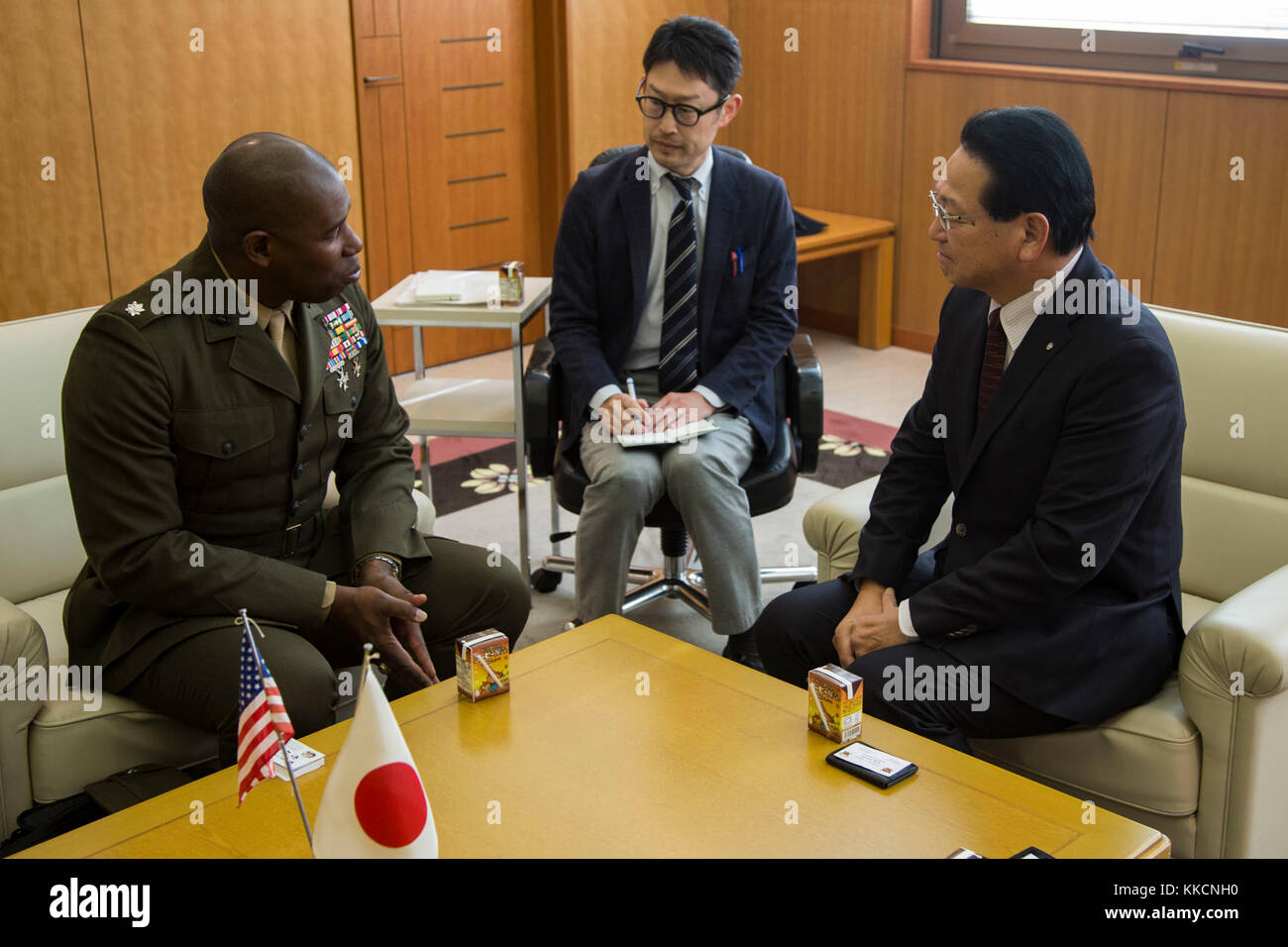 U.S. Marine Corps Lt. Col. Leroy Bryant Butler, battalion commander, 3rd Battalion, 12th Marine Regiment, meets with Mr. Kozo Sone, Mayor of Betsukai, during the Artillery Relocation Training Program (ARTP) 17-3 at Betsukai, Hokkaido, Japan on November 27, 2017. ARTP 17-3 is an annual training exercise that helps Marines to sustain and improve occupational and common skills through simulated real world training scenarios, enhancing their combat operational readiness and improving international relationships through the U.S.-Japan Treaty of Mutual Cooperation and Security. (U.S. Marine Corps ph Stock Photo