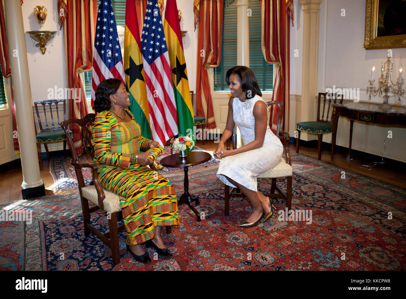 First Lady Michelle Obama meets with Ernestina Mills, First Lady of Ghana, at the State Department in Washington, D.C., March 8, 2012. Stock Photo