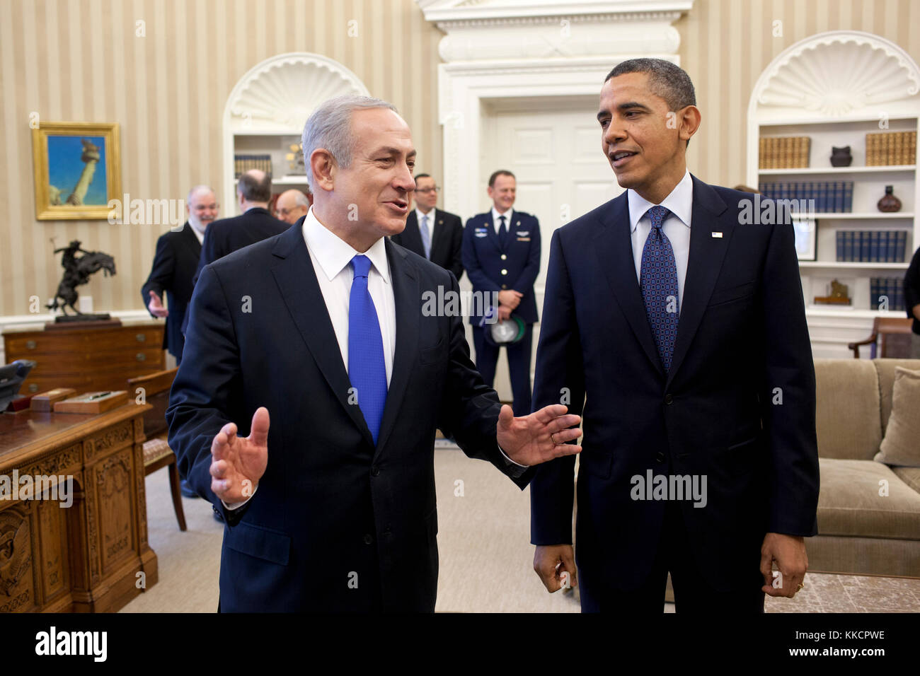 President Barack Obama and Prime Minister Benjamin Netanyahu of Israel talk before their bilateral meeting in the Oval Office, March 5, 2012. Stock Photo