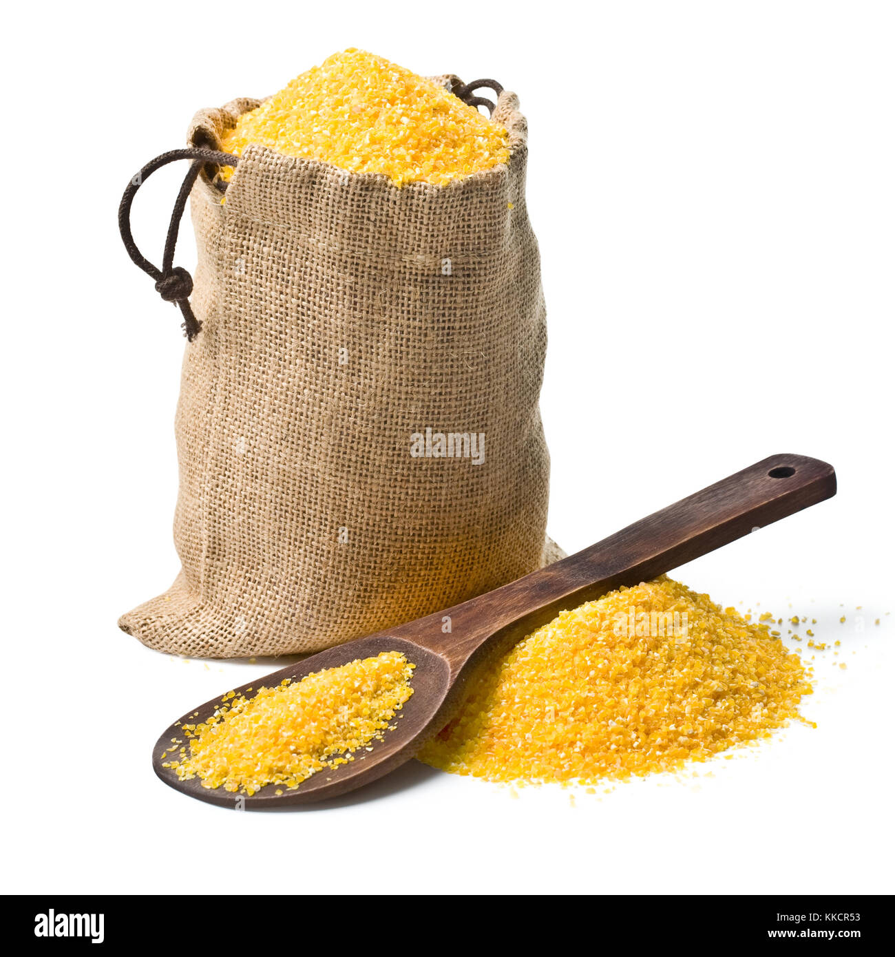 bag of ground corn and a wooden spoon on a white background. keeping paths Stock Photo