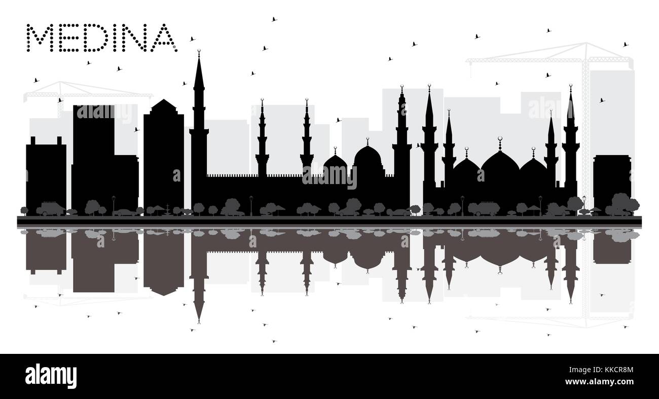 Medina Saudi Arabia City skyline black and white silhouette with Reflections. Vector illustration. Business travel concept. Cityscape with landmarks. Stock Vector