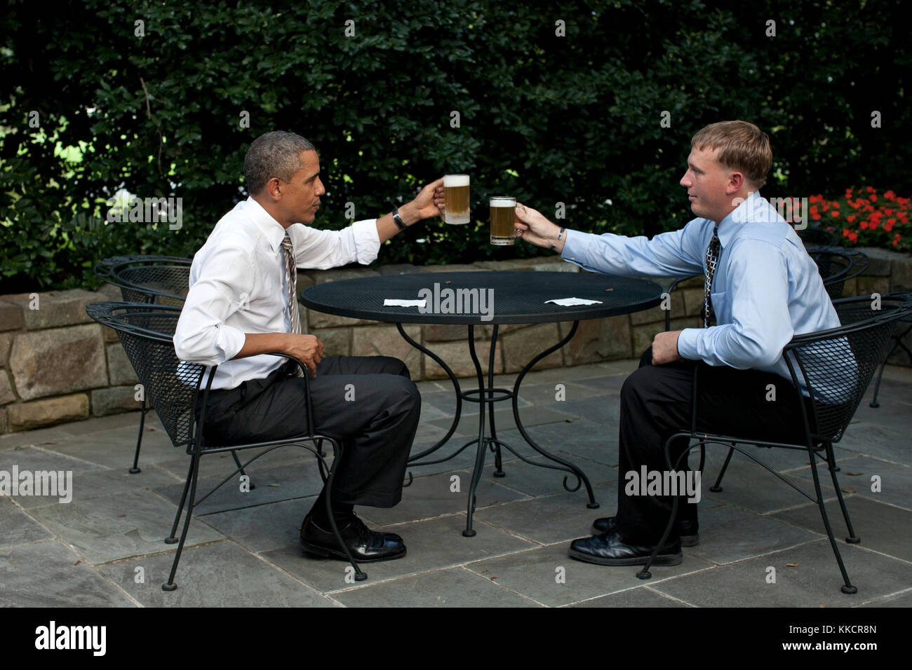 Sept. 14, 2011 'The President offers a toast to Medal of Honor recipient Dakota Meyer on the patio outside of the Oval Office. Before receiving the Medal, Meyer said he wished he could have a beer with the President; the President granted his wish and the next day awarded him the Medal during a ceremony at the White House.' Stock Photo