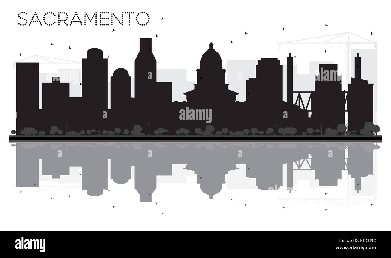 Sacramento City skyline black and white silhouette with Reflections. Vector illustration. Business travel concept. Cityscape with landmarks. Stock Vector