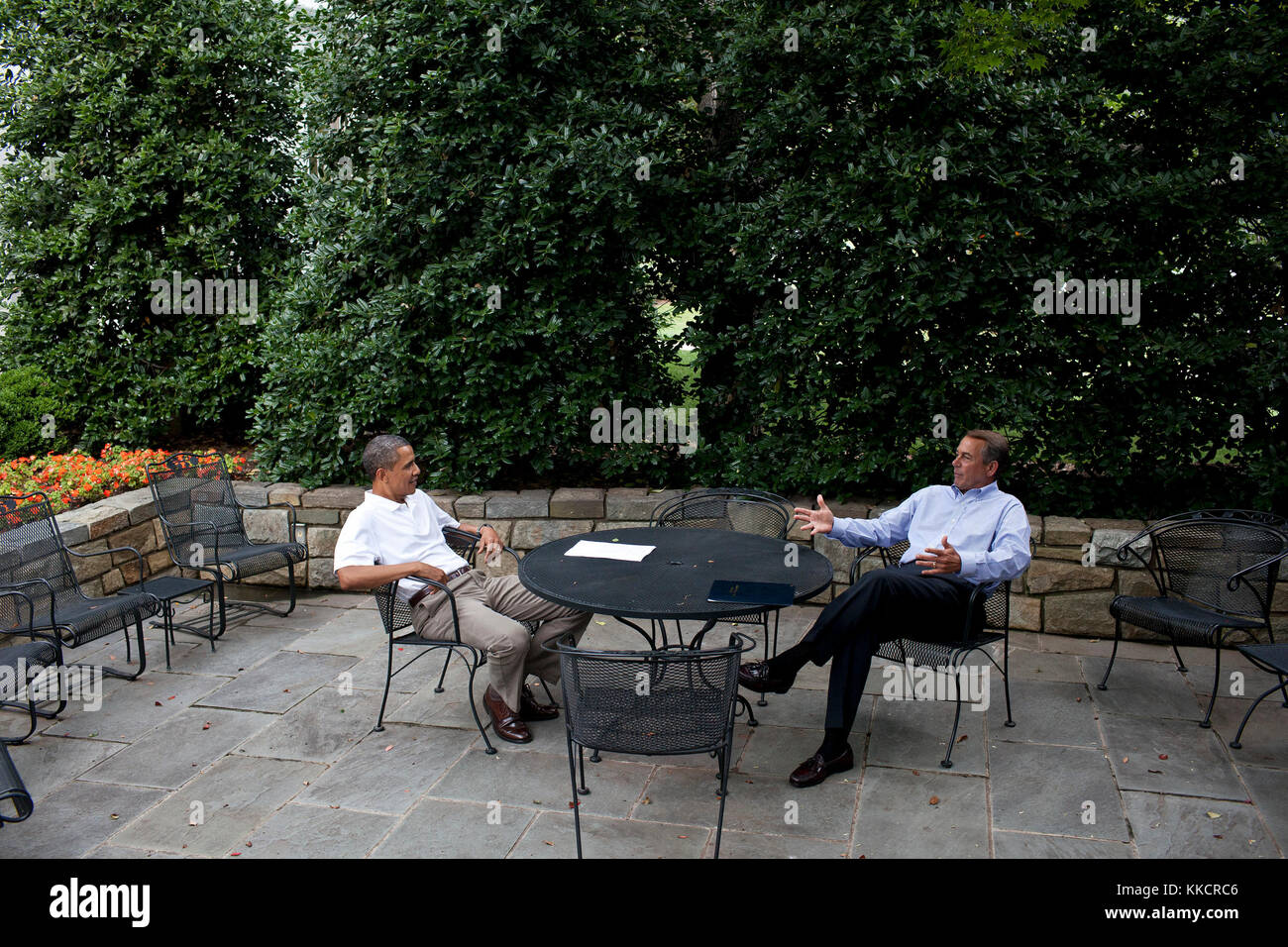 President Barack Obama meets with Speaker of the House John Boehner on the patio near the Oval Office, Sunday, July 3, 2011. Stock Photo