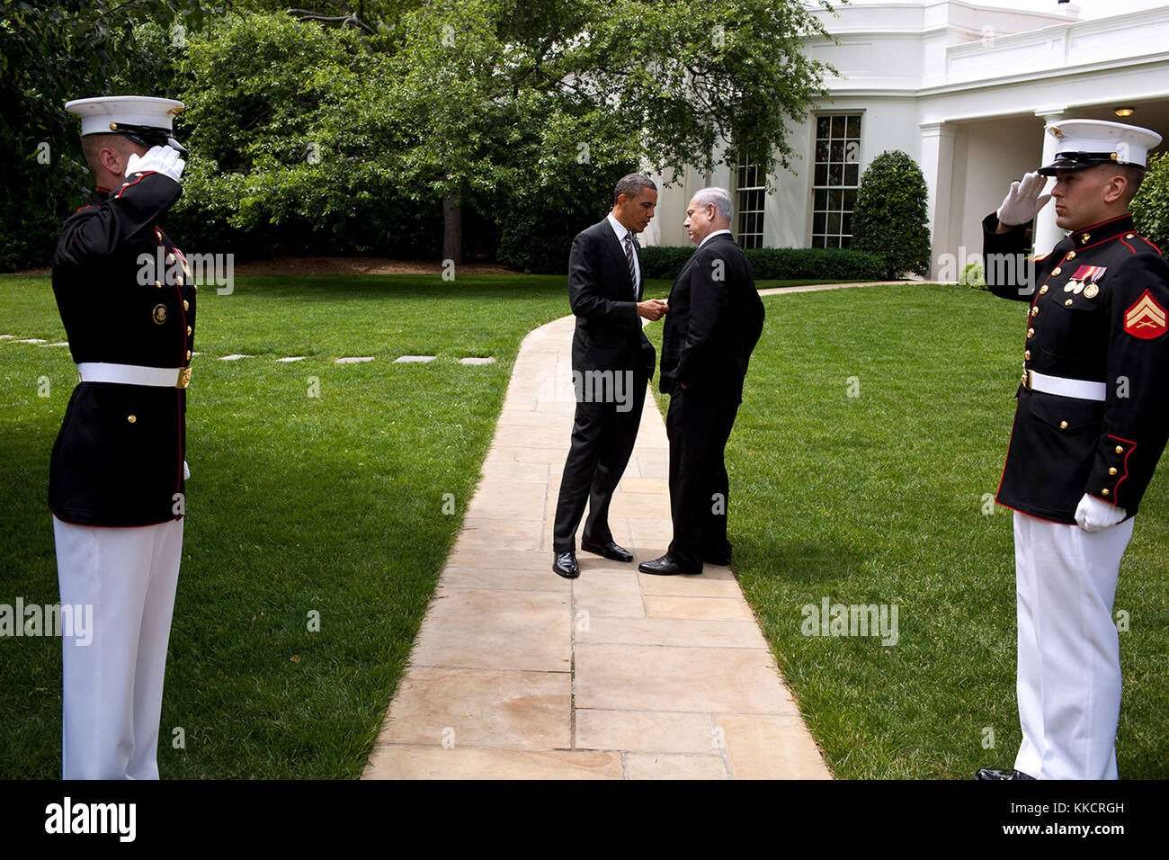 May 20, 2011 'The President talks with Prime Minister Benjamin Netanyahu of Israel as they walk from the Oval Office to the South Lawn drive of the White House following their meetings.' Stock Photo