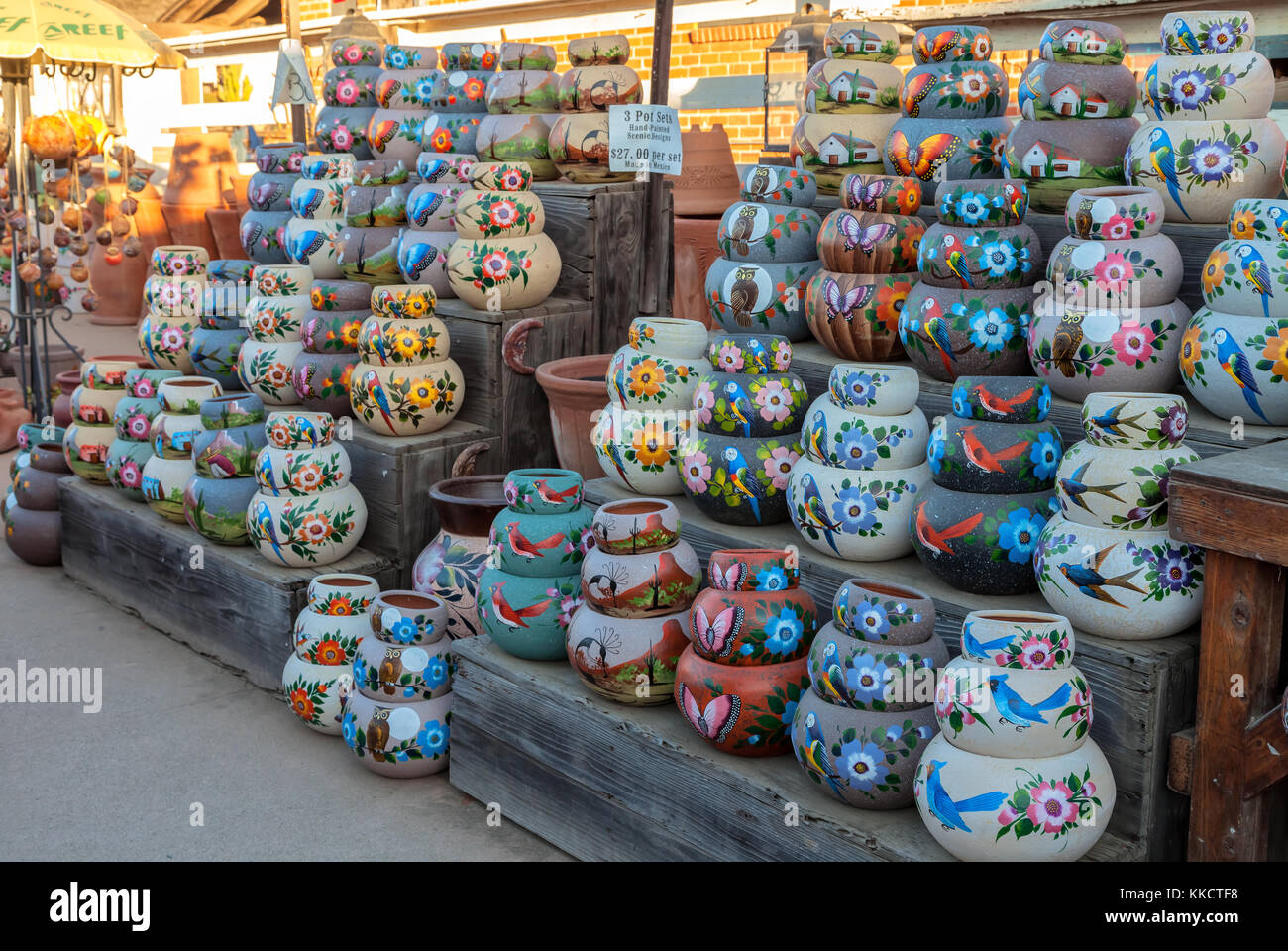 Clay pots, imported from Mexico, display for sale in Old Town San Diego