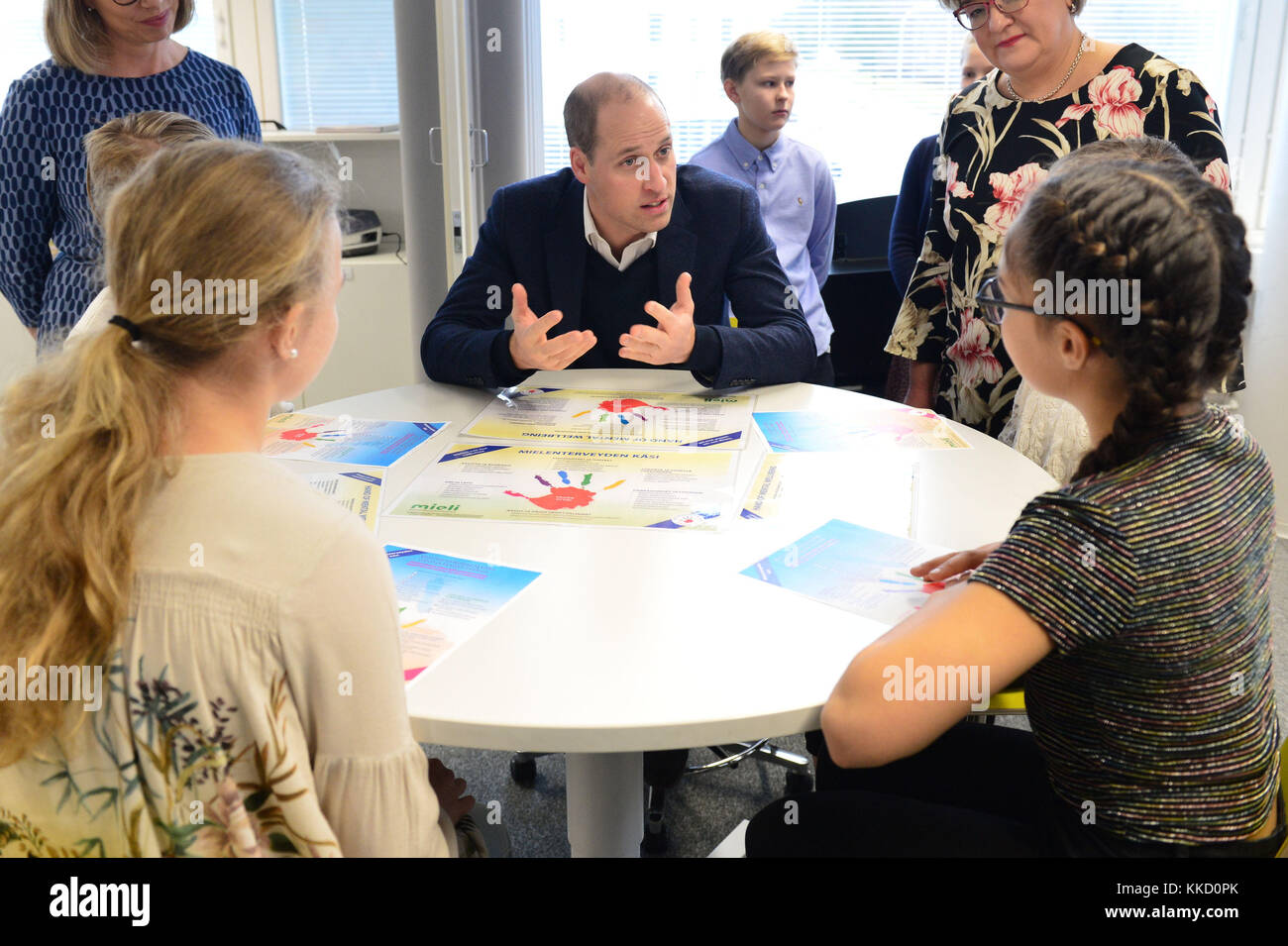The Duke of Cambridge visits Lauttasaari Comprehensive School in Helsinki, to see the ways in which the Finnish education system is putting student welfare and mental well being at the top of its agenda, on the second day of his tour of Finland. Stock Photo